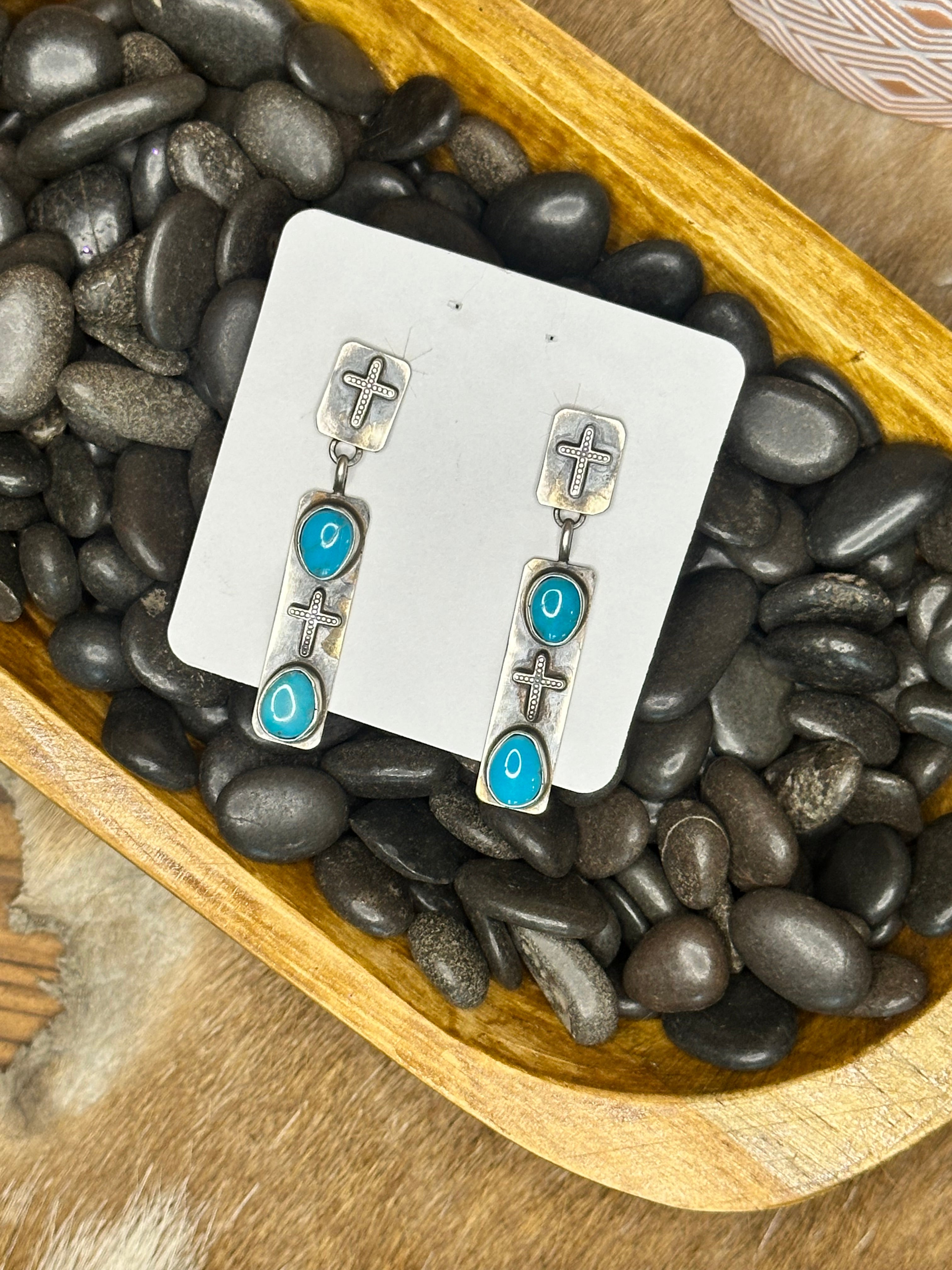 Sterling Silver Turquoise Cross Drop Earrings