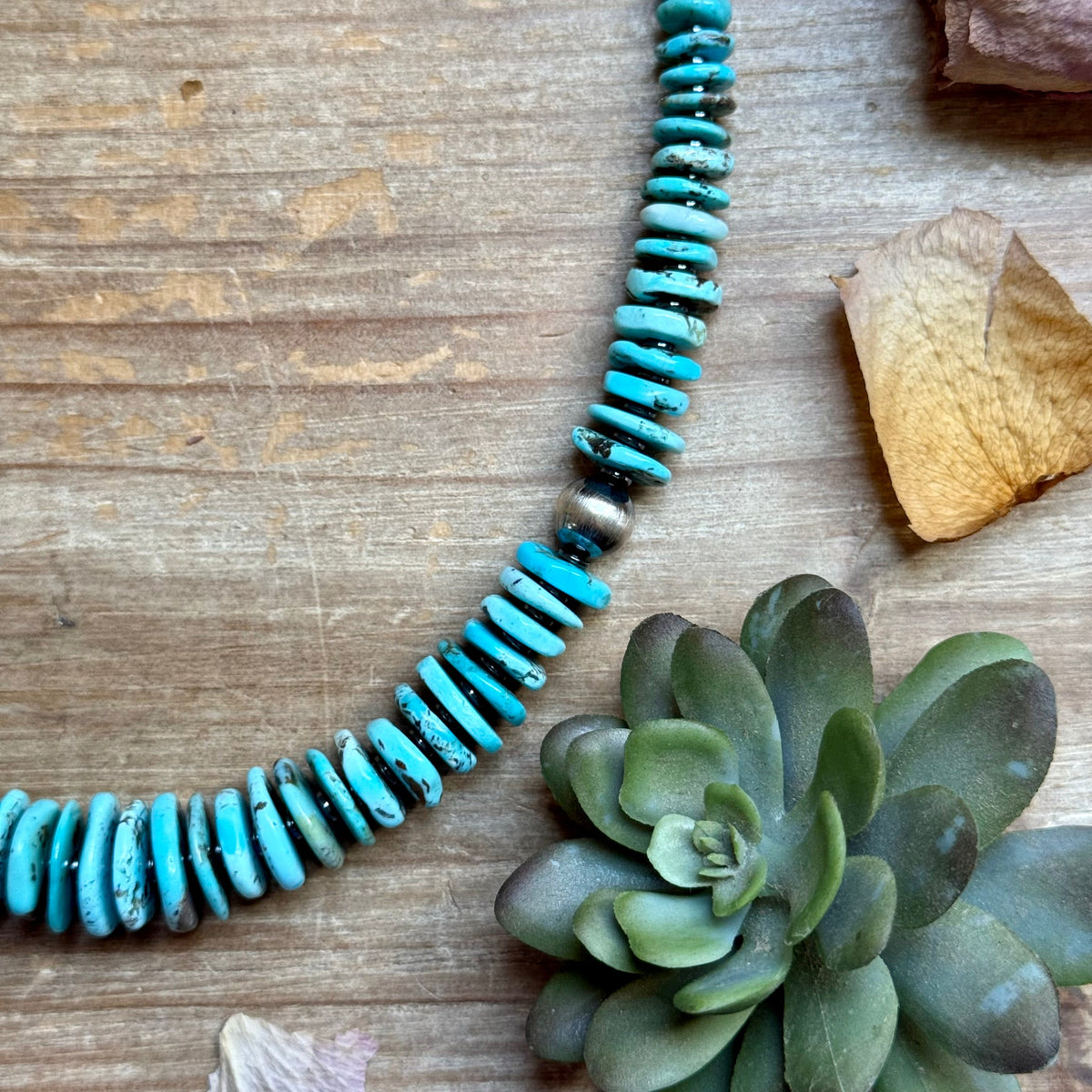 23” Ice Blue Turquoise Graduated Necklace – Sterling Silver & Hematite