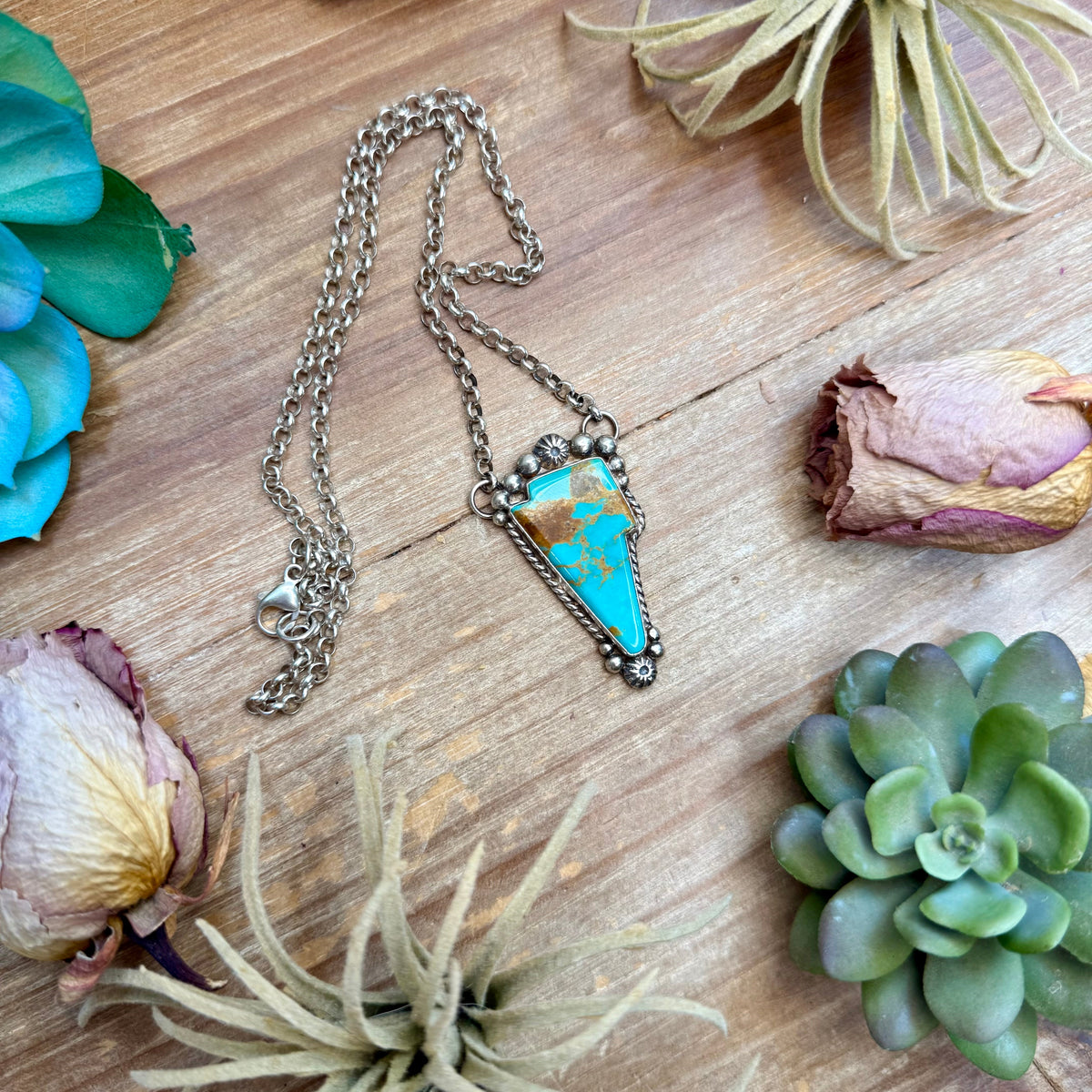106 - Sterling Silver Kingman Turquoise Lightning Bolt Fixed Chain Necklace by Jason Ogg