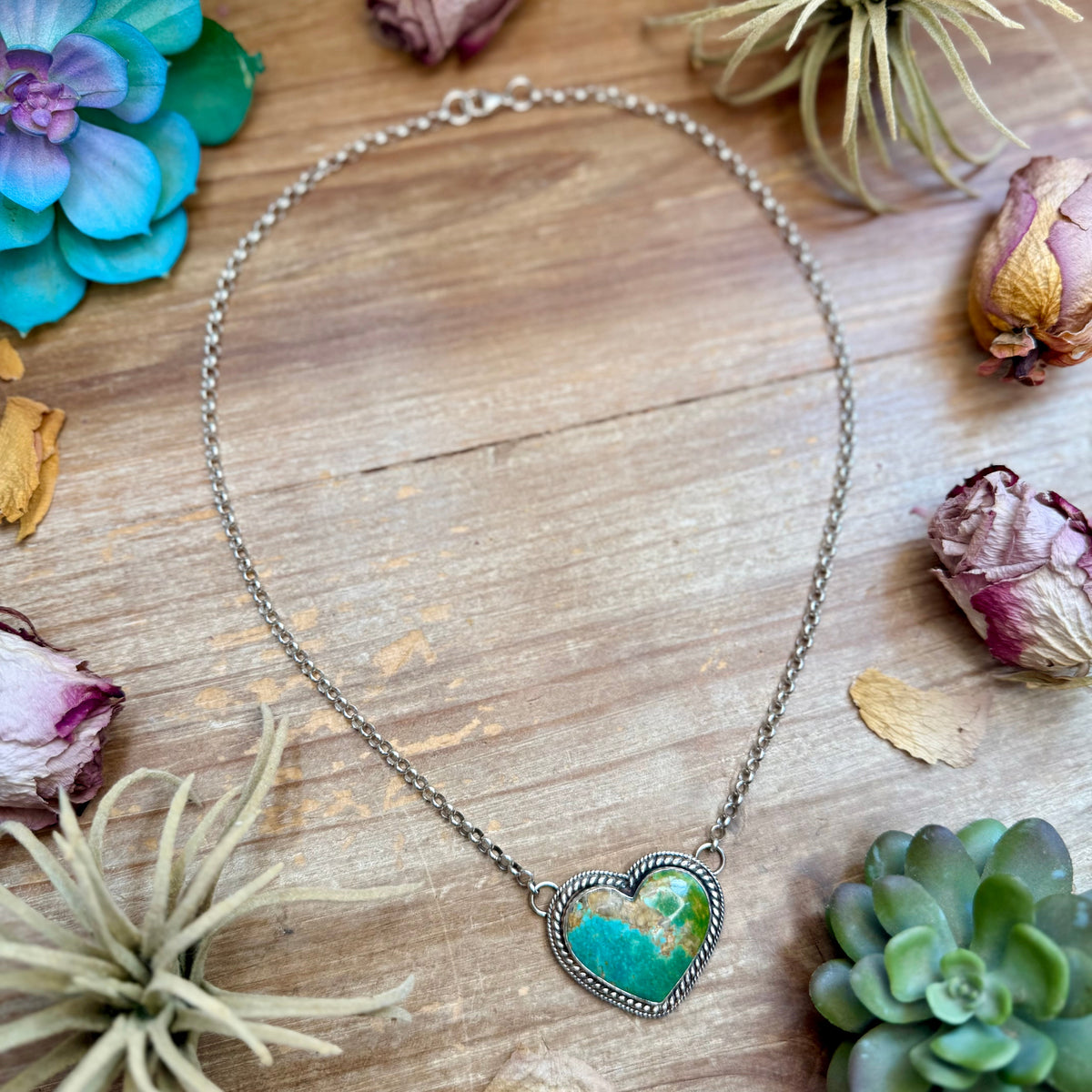101 - Sterling Silver Kingman Turquoise Heart Bar Necklace by Jason Ogg