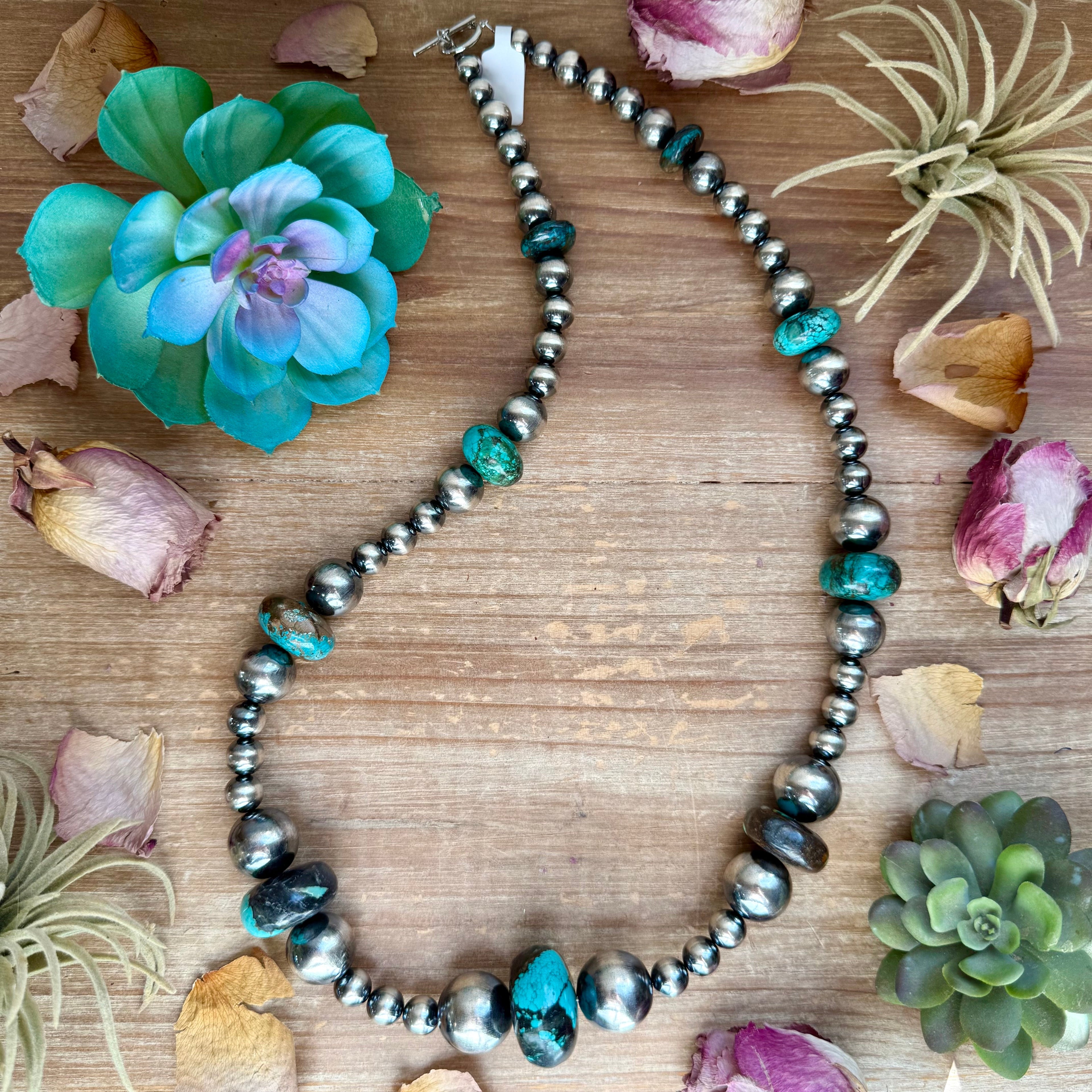 29” Massive Turquoise Rondelle Necklace – Sterling Silver Pearls