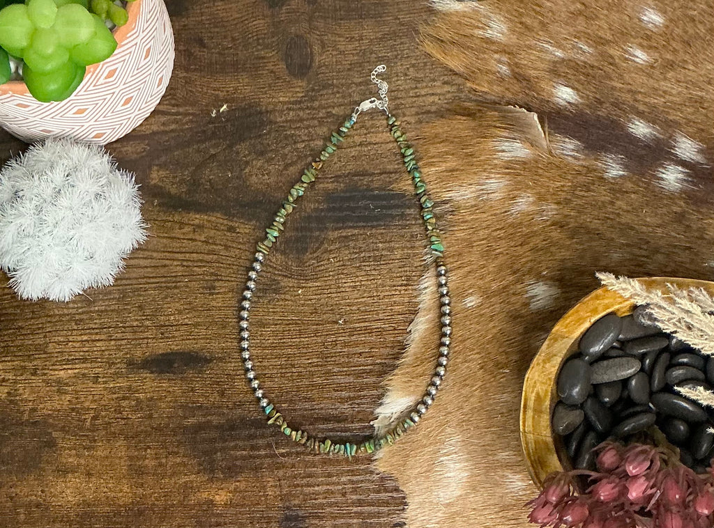 Turquoise & Sterling Silver Pearl Necklace – 16” + Extender Southwestern Layering
