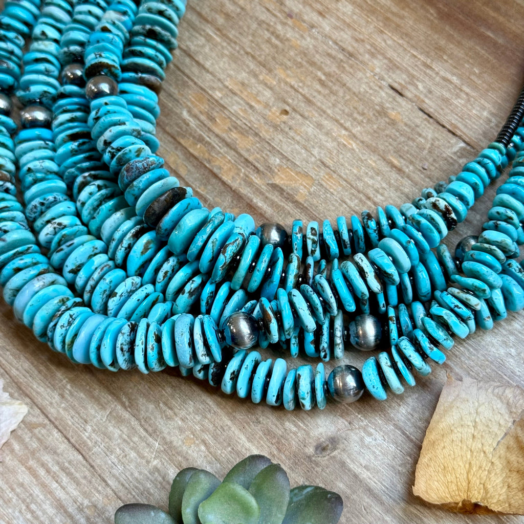 23” Ice Blue Turquoise Graduated Necklace – Sterling Silver & Hematite