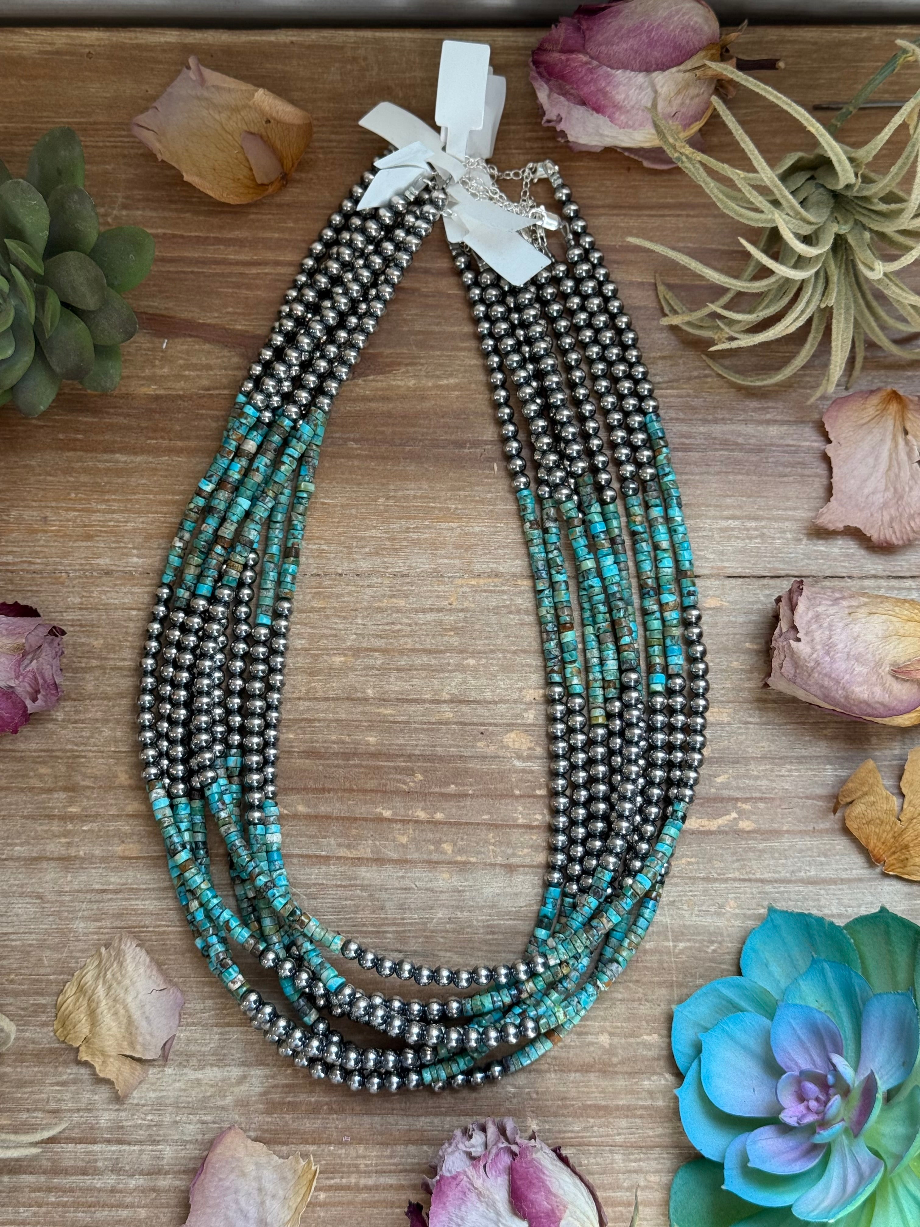 20” Heishi Turquoise Necklace – 4mm Turquoise & 5mm Sterling Silver Pearls