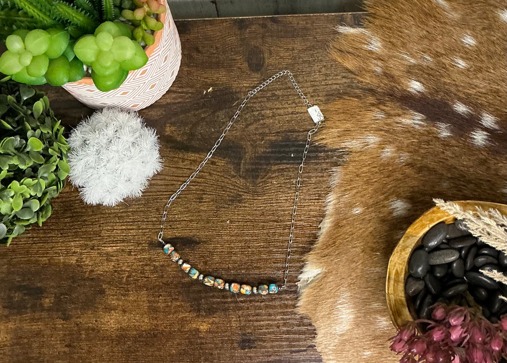 Turquoise & Spiny Oyster Sterling Pearl Necklace – 16” Southwestern Beaded