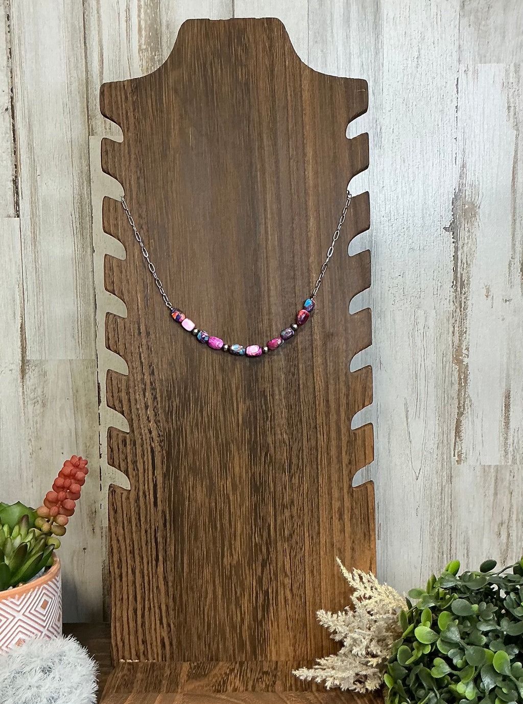Pink Dyed Turquoise Sterling Chain Necklace – 16” Southwestern Beaded