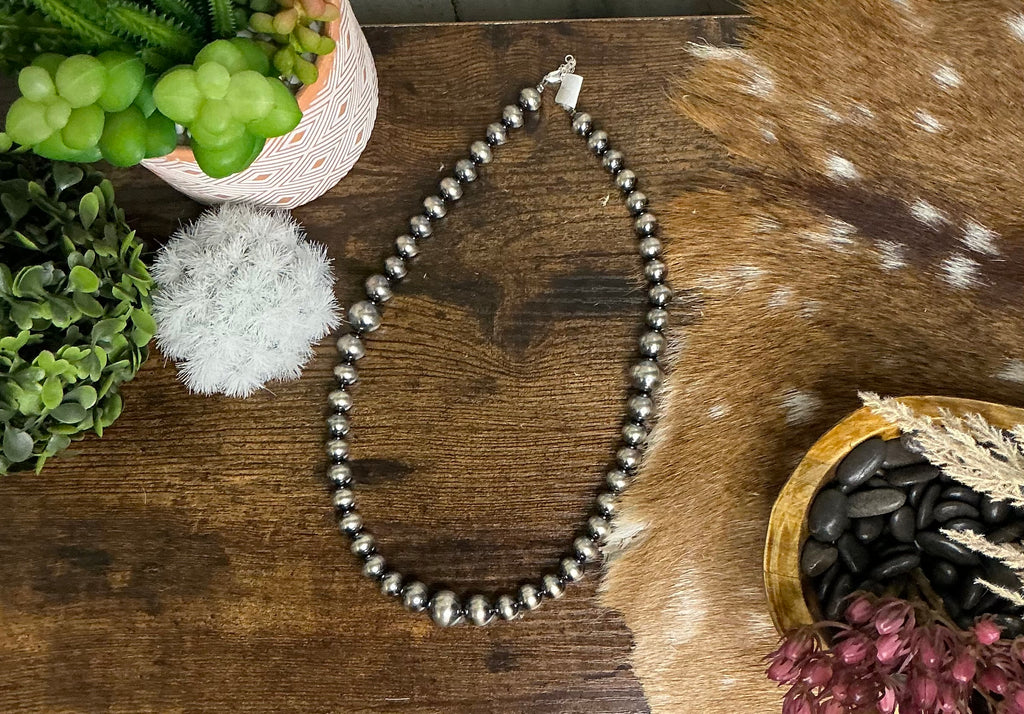 Sterling Silver Pearl Necklace – 20.5” Graduated 10mm–14mm Western Statement