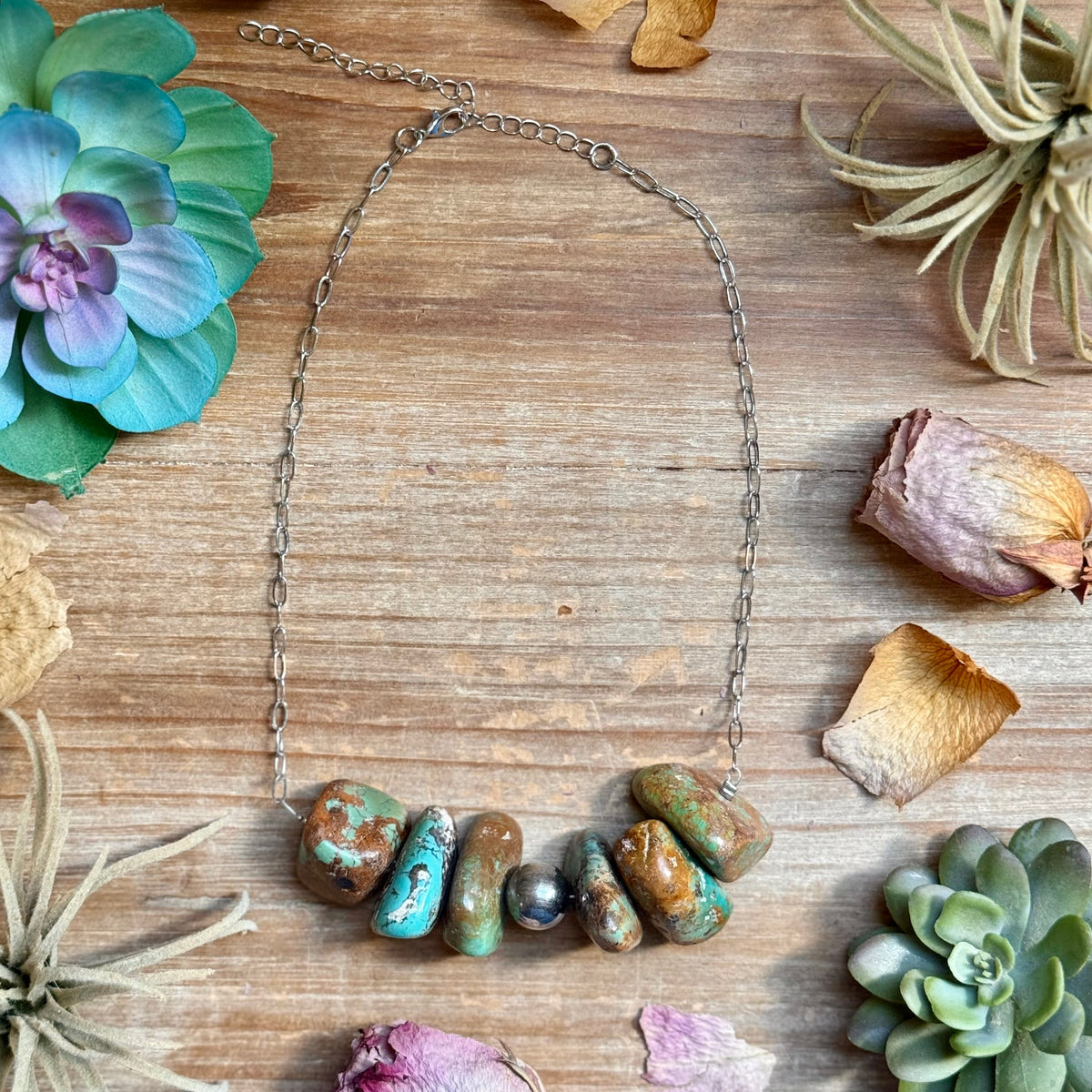 16” Chunky Turquoise Paperclip Necklace – Sterling Silver Center
