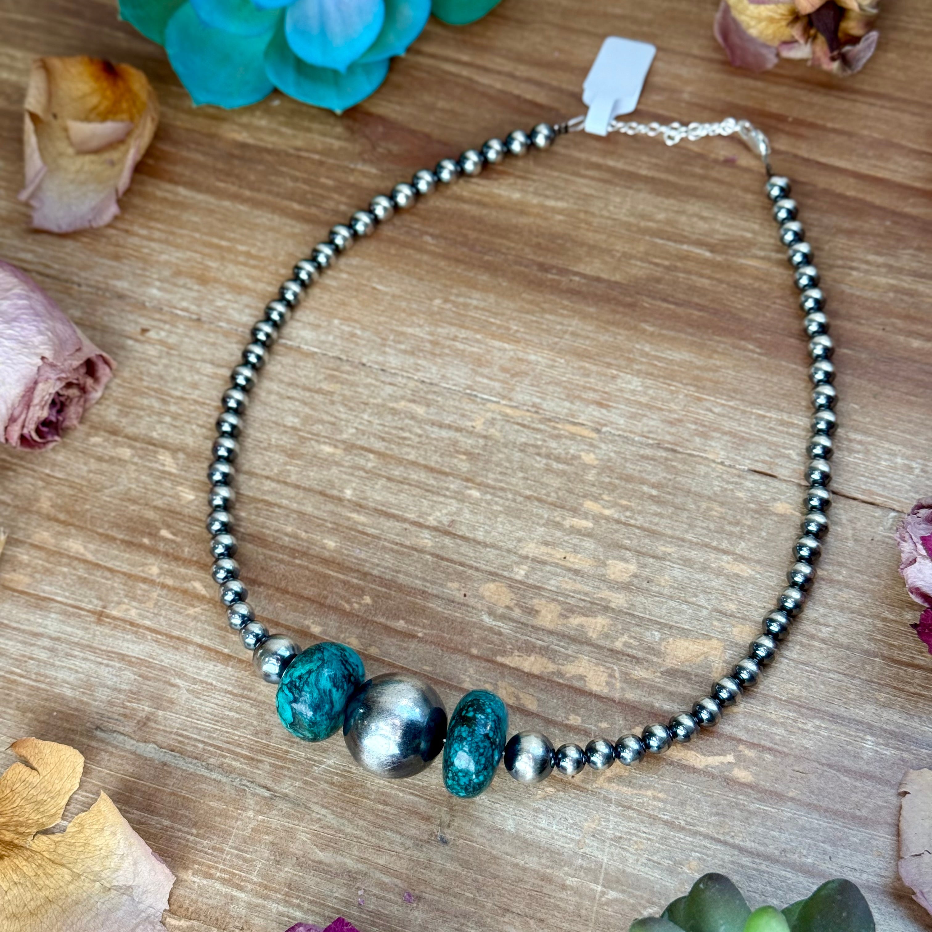 16.5” Turquoise Necklace – Sterling Silver Pearls