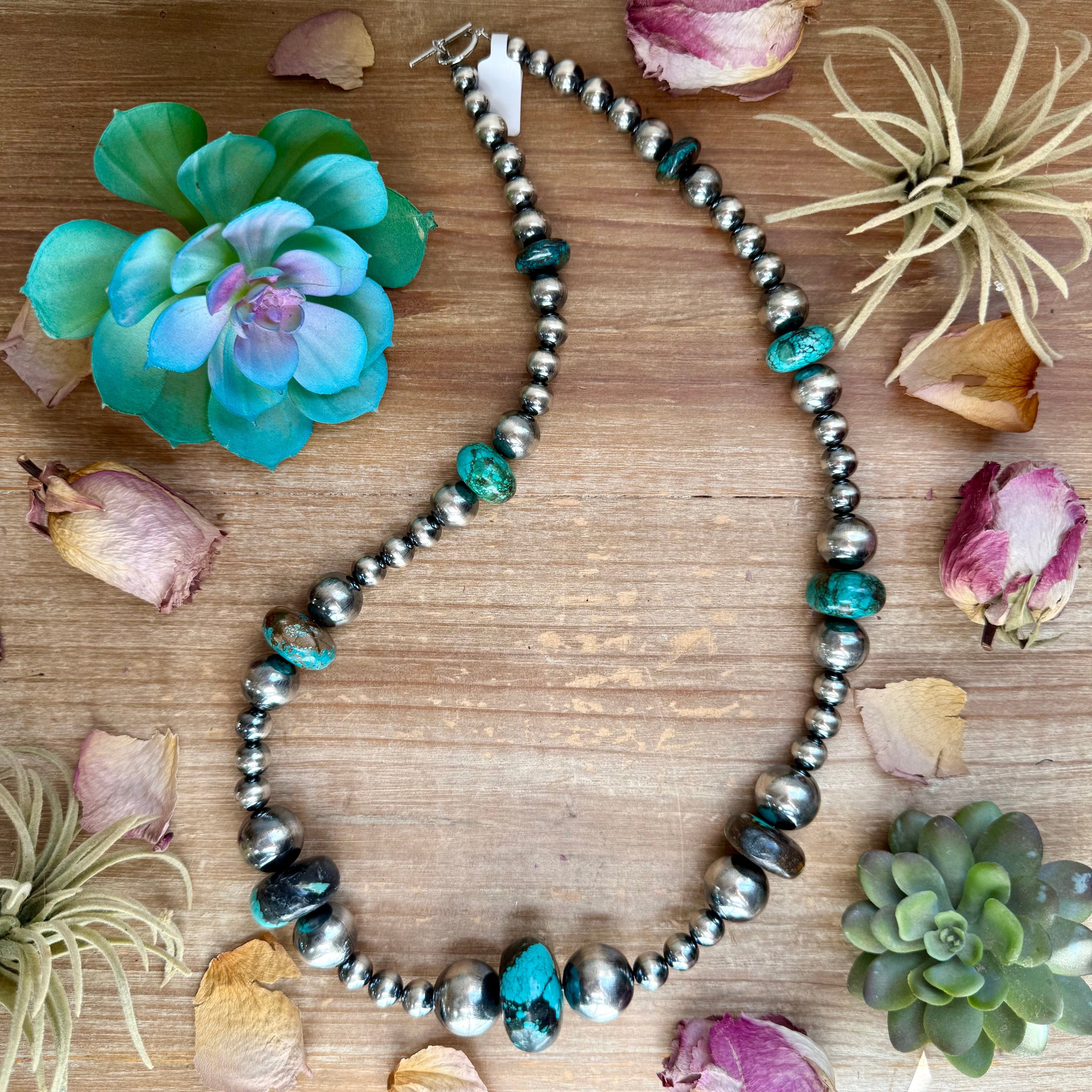 29” Massive Turquoise Rondelle Necklace – Sterling Silver Pearls