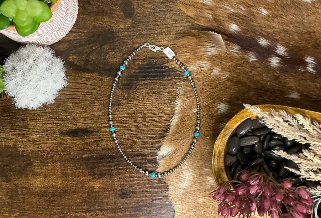 Turquoise & Sterling Silver Pearl Necklace – 16” Mixed 3mm–6mm Beaded