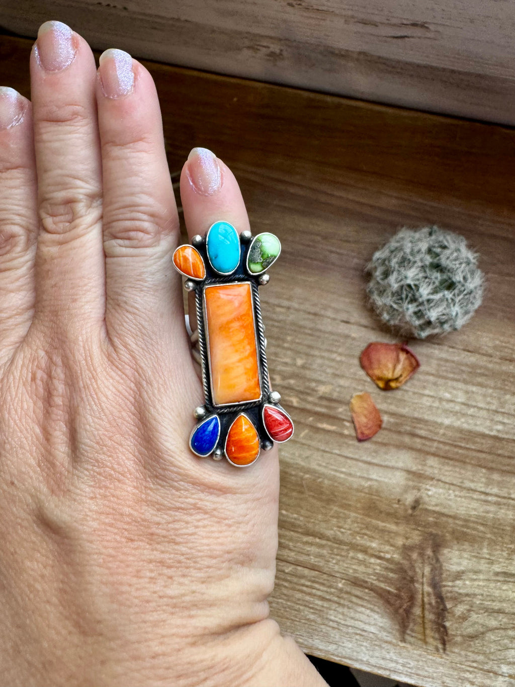 Long Ring- Size 5 - mix stone turquoise, spiny and sterling silver