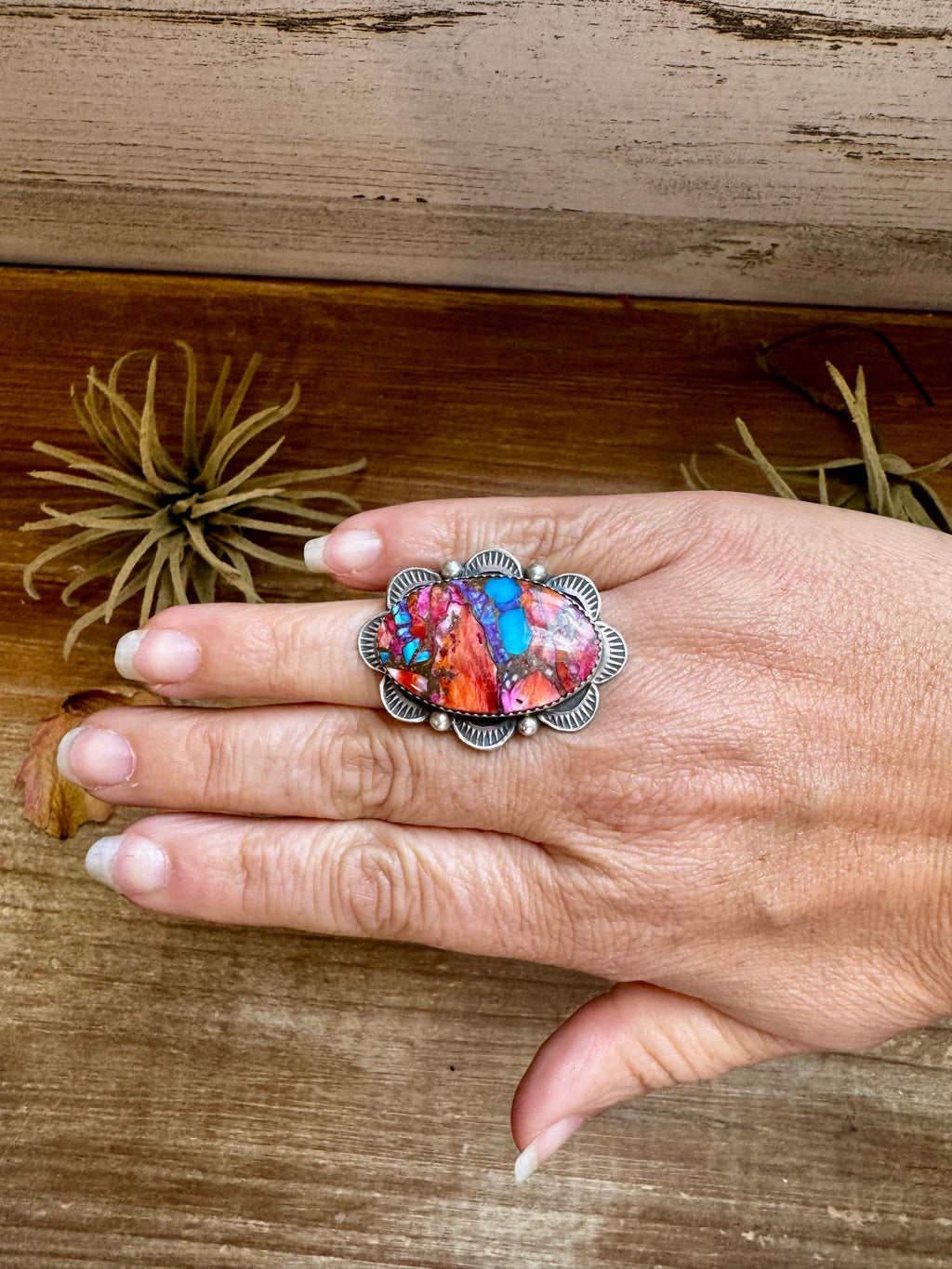 Adjustable Ring – Pink Dahlia Stone – Sterling Silver – Tia Long Navajo Handmade