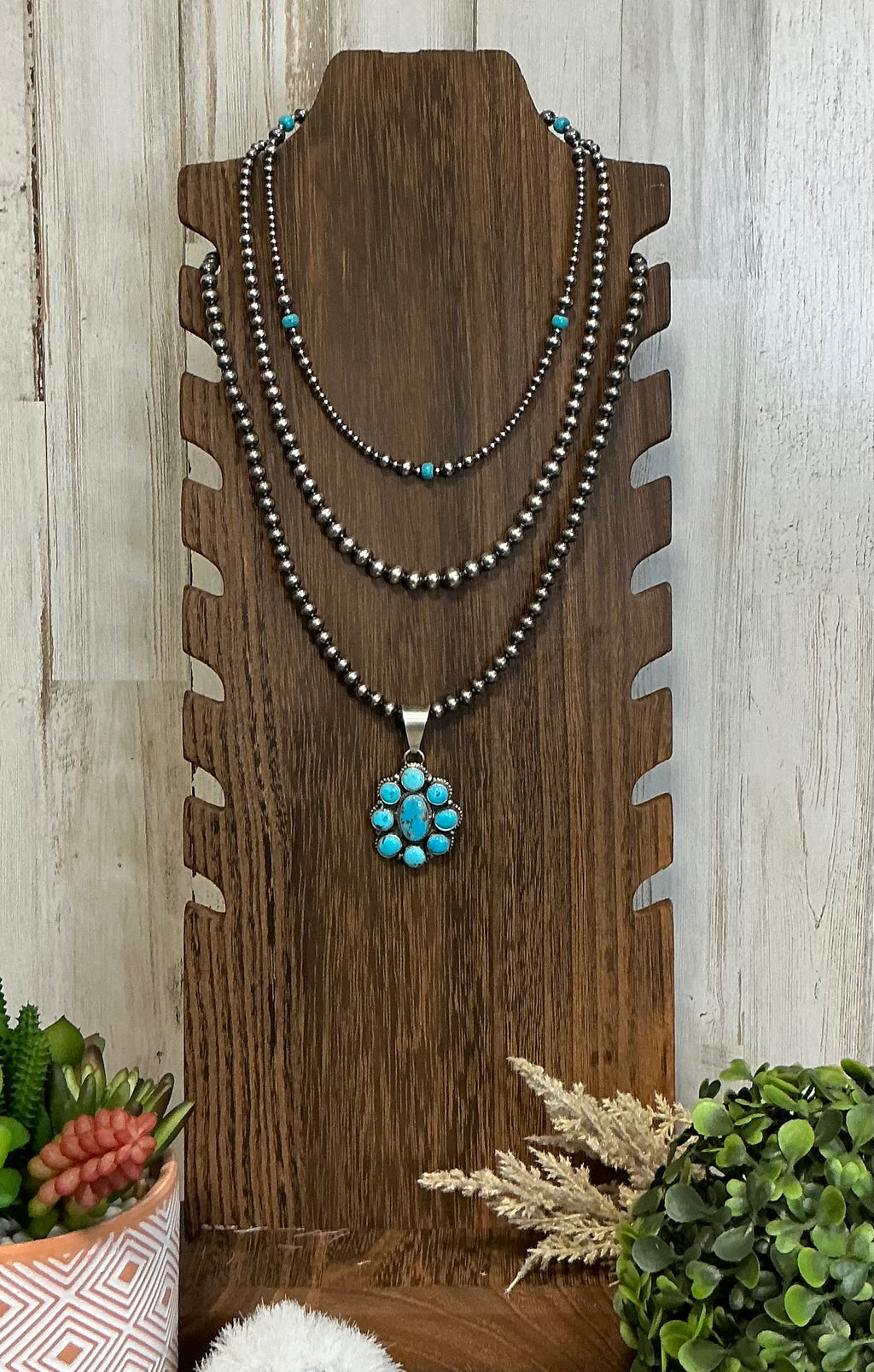 Turquoise & Sterling Silver Pearl Necklace – 16” Mixed 3mm–6mm Beaded