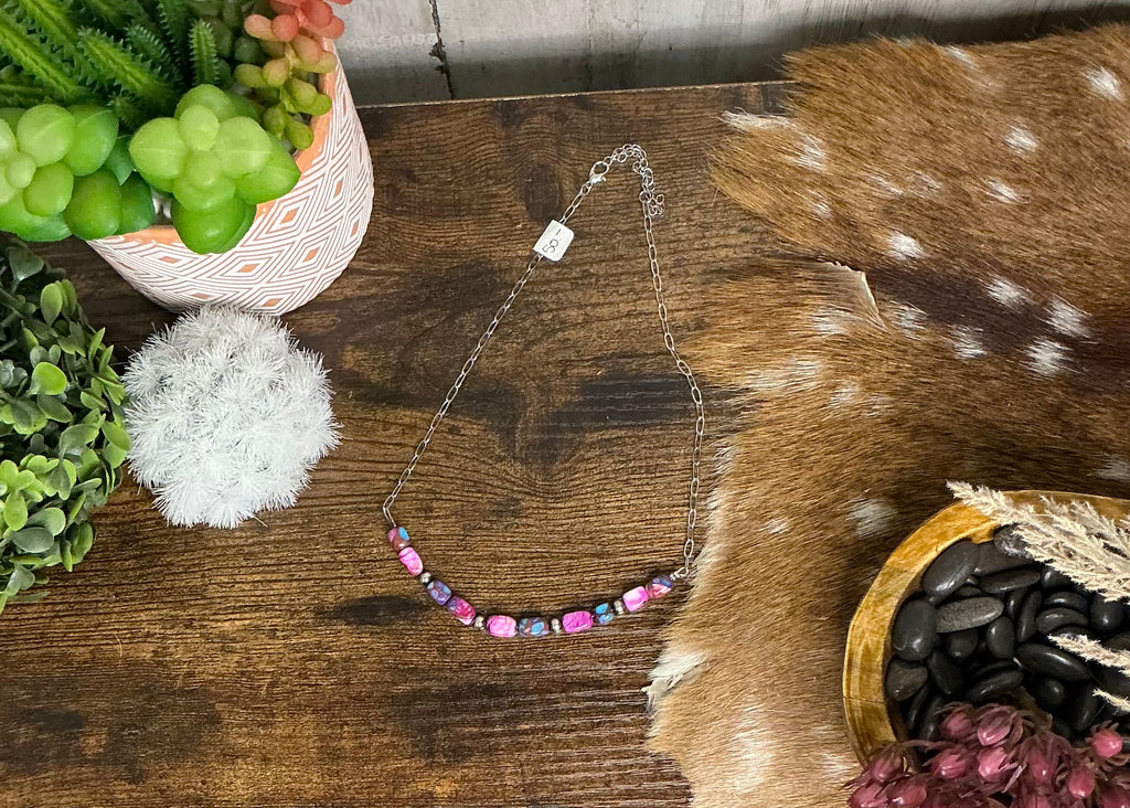 Pink Dyed Turquoise Sterling Chain Necklace – 16” Southwestern Beaded