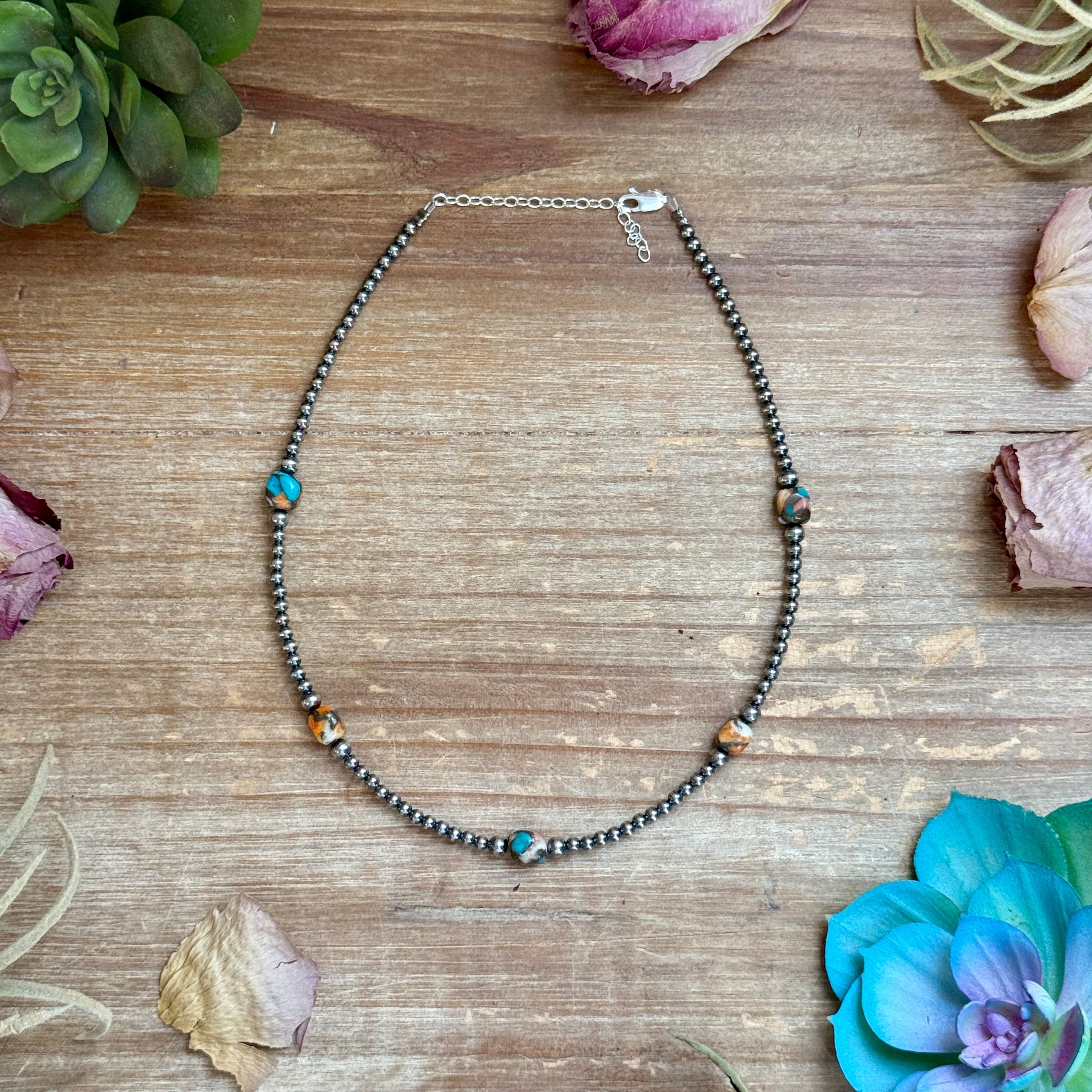 Kids necklace - 13” Turquoise & Spiny Oyster Necklace – 3–4mm Sterling Silver Pearls