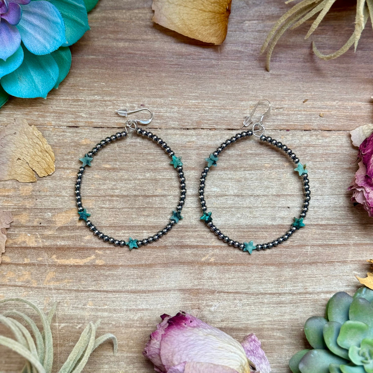 African Turquoise Star Hoop Earrings – 3mm Sterling Silver