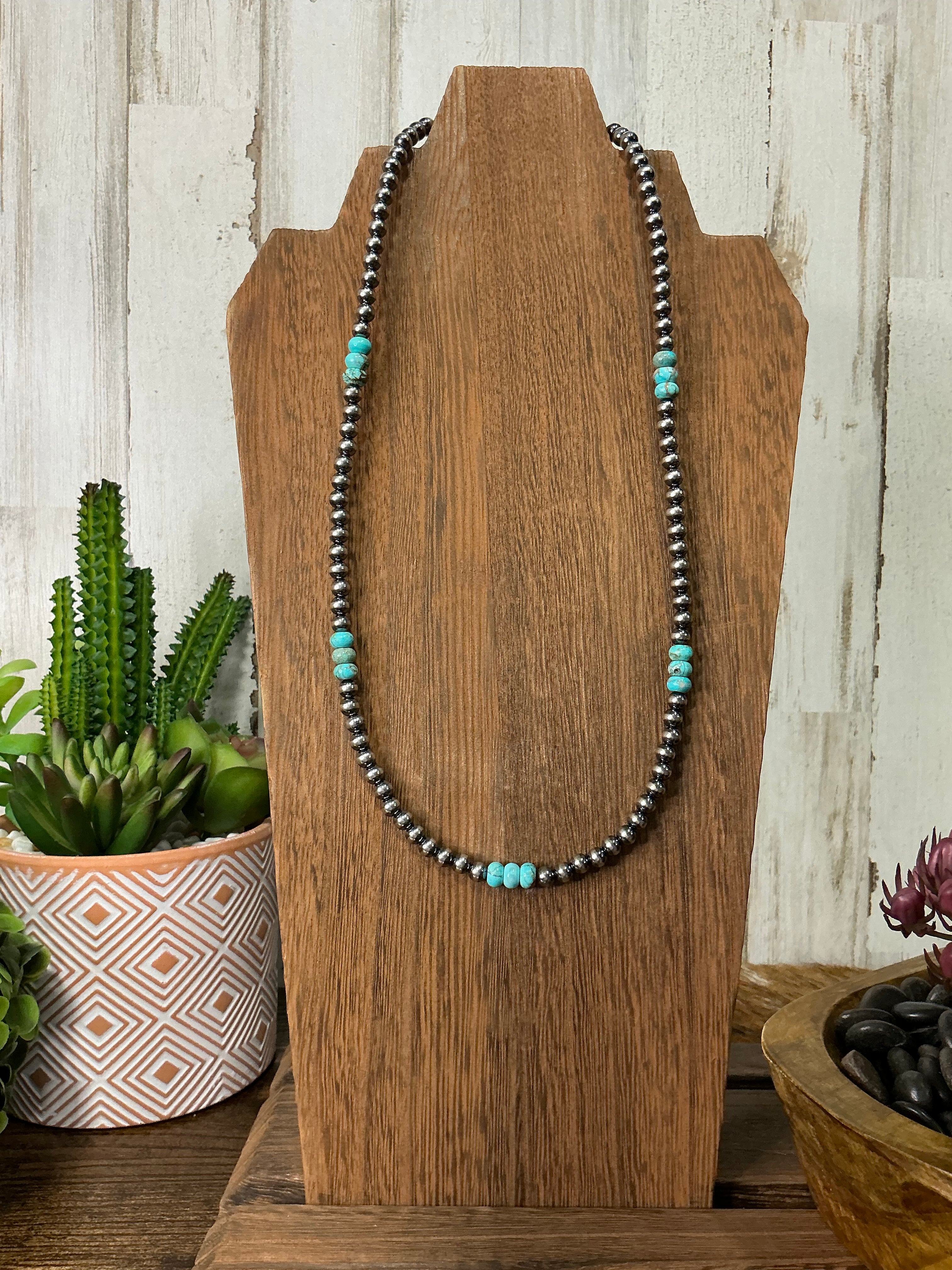 Sterling Silver Pearl Necklace with Turquoise 19 inches