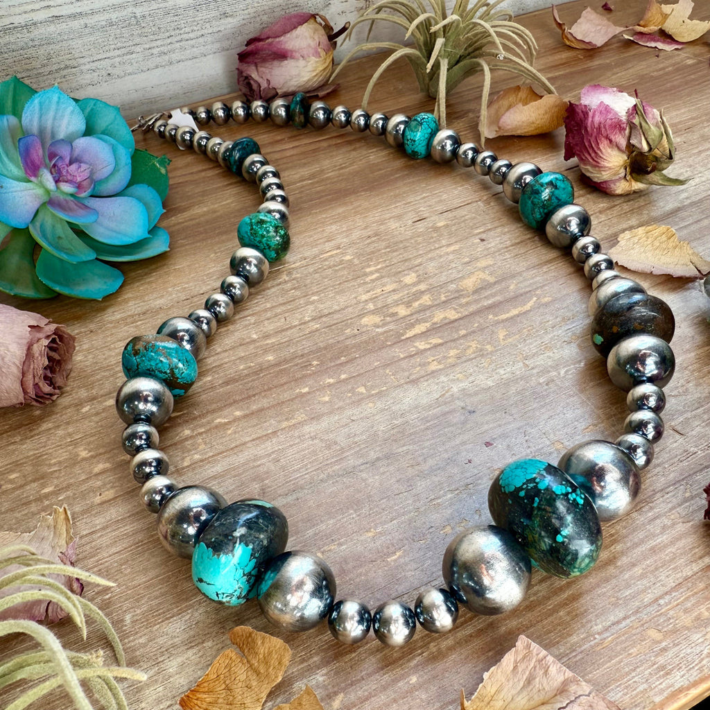 29” Massive Turquoise Rondelle Necklace – Sterling Silver Pearls