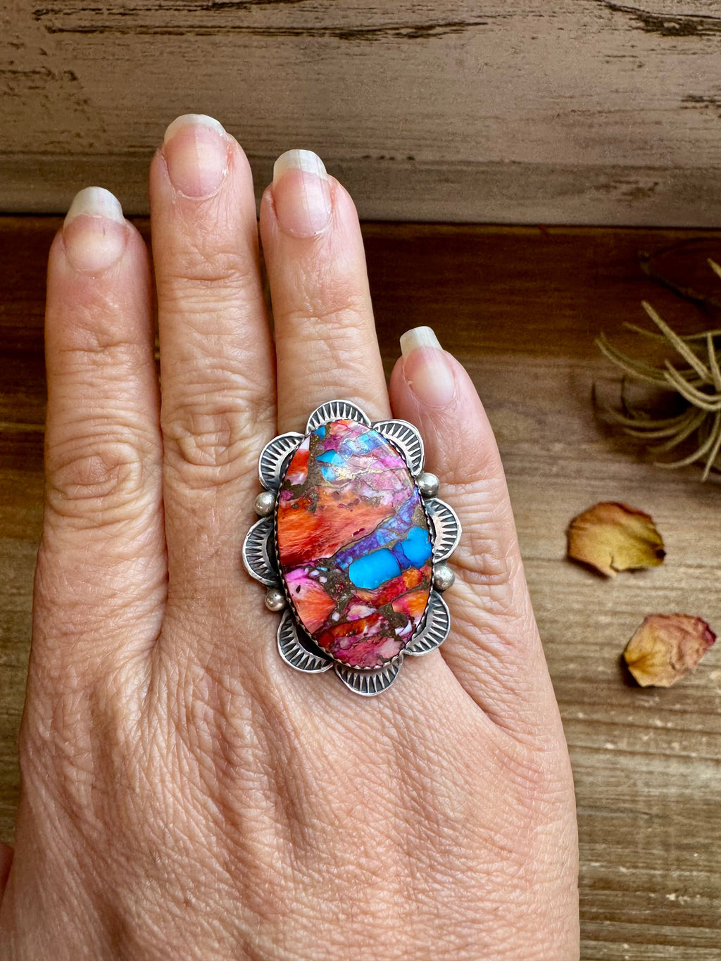 Adjustable Ring – Pink Dahlia Stone – Sterling Silver – Tia Long Navajo Handmade