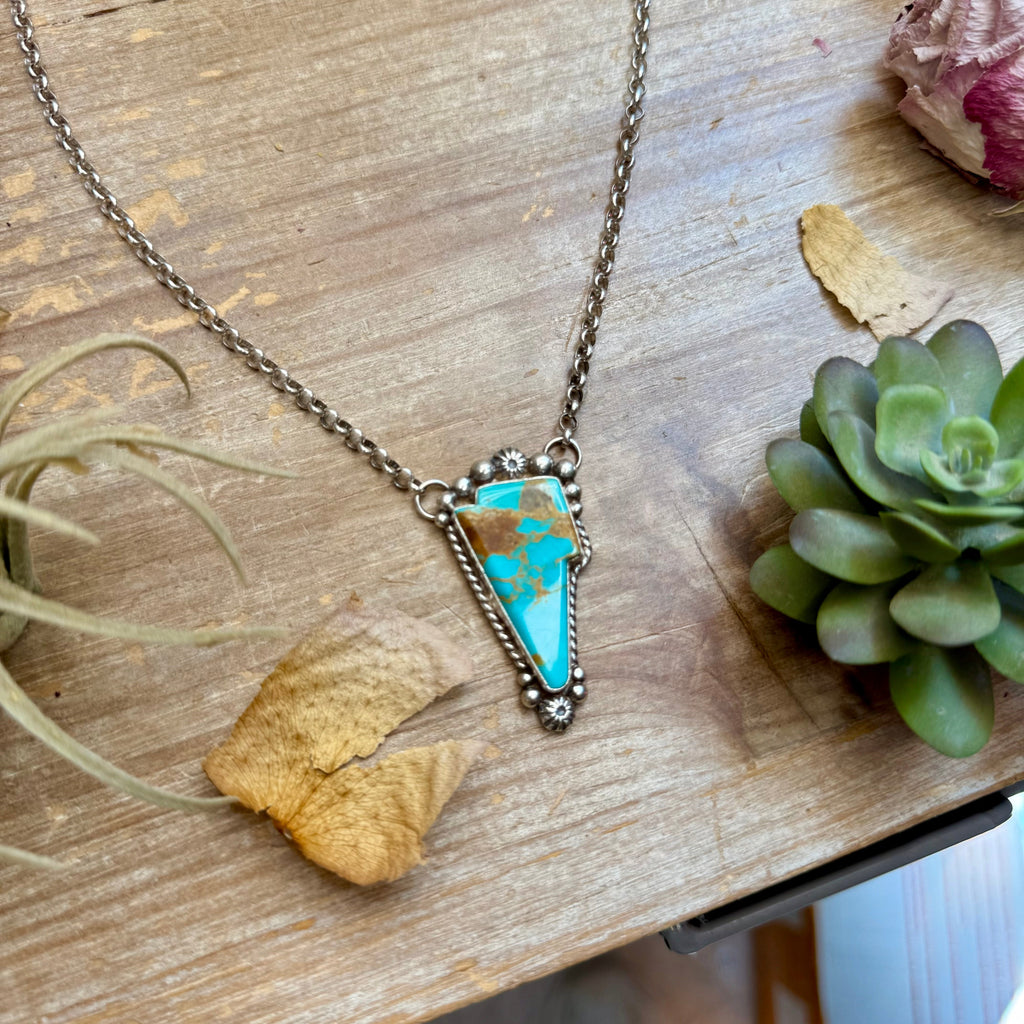 106 - Sterling Silver Kingman Turquoise Lightning Bolt Fixed Chain Necklace by Jason Ogg