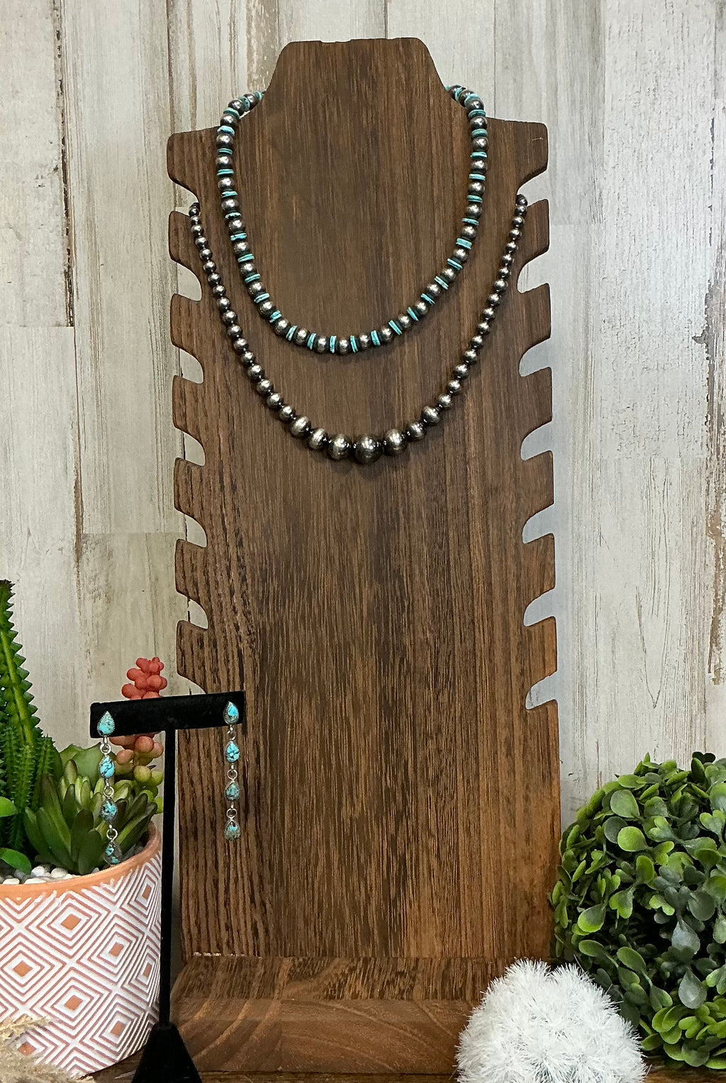 Sterling Silver & Turquoise Heishi Necklace – 16.5” with 6mm Sterling Pearls