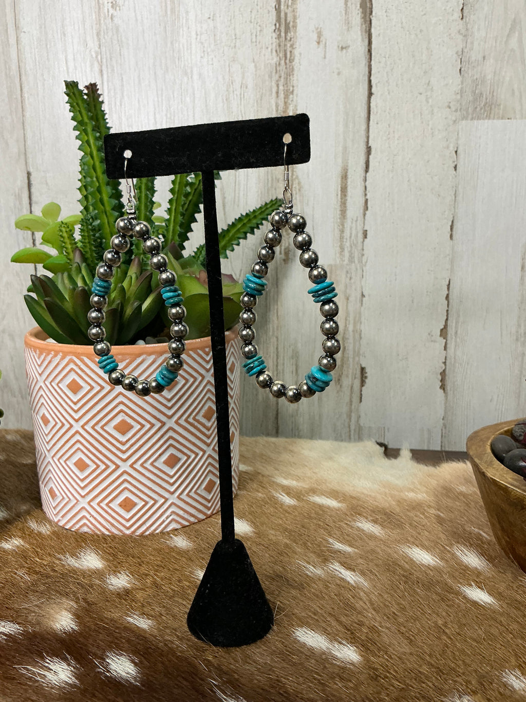 Blue Turquoise & 6mm Sterling Pearl Drop Earrings – 3" Length