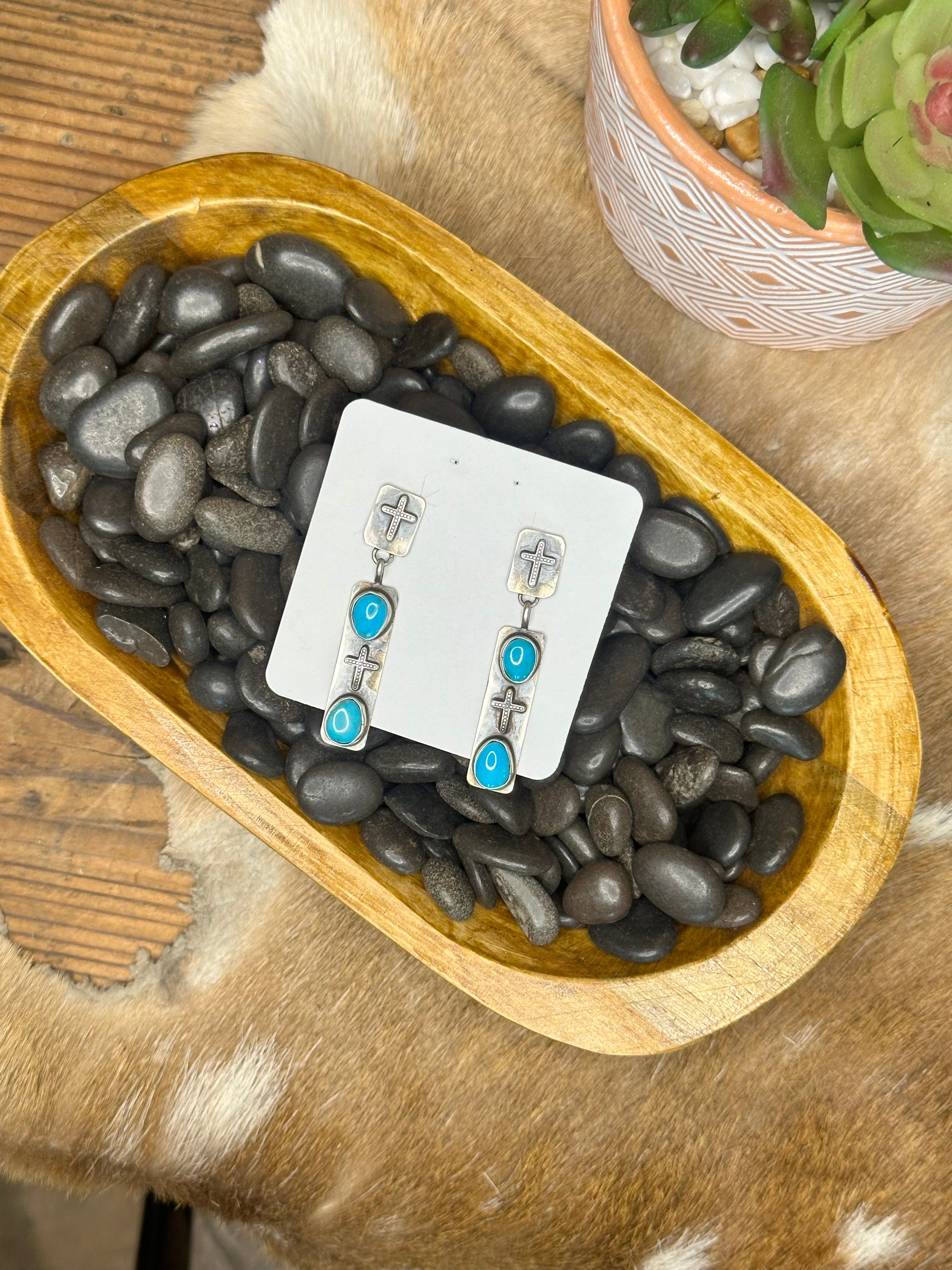 Sterling Silver Turquoise Cross Drop Earrings