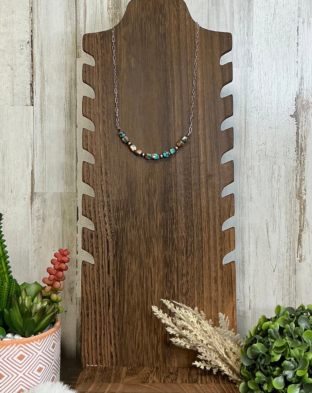 Turquoise & Spiny Oyster Sterling Pearl Necklace – 16” Southwestern Beaded