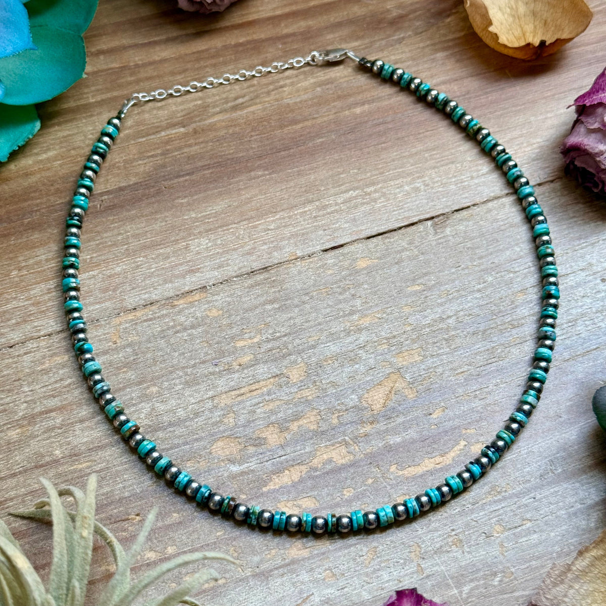 14” Turquoise Heishi Choker – Sterling Silver Pearls