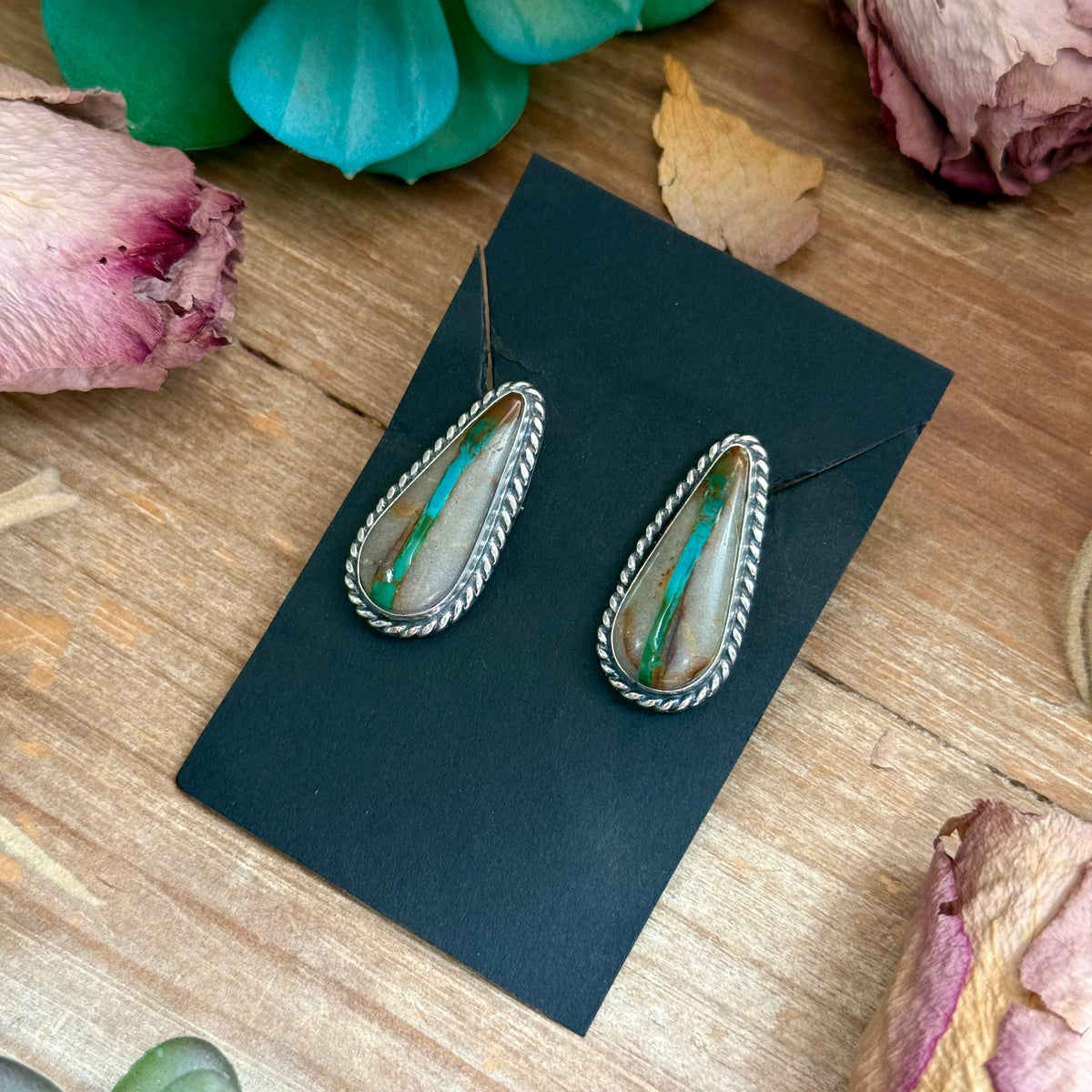 15 - Sterling Silver Ribbon Royston Turquoise Stud Earrings by Jason Ogg