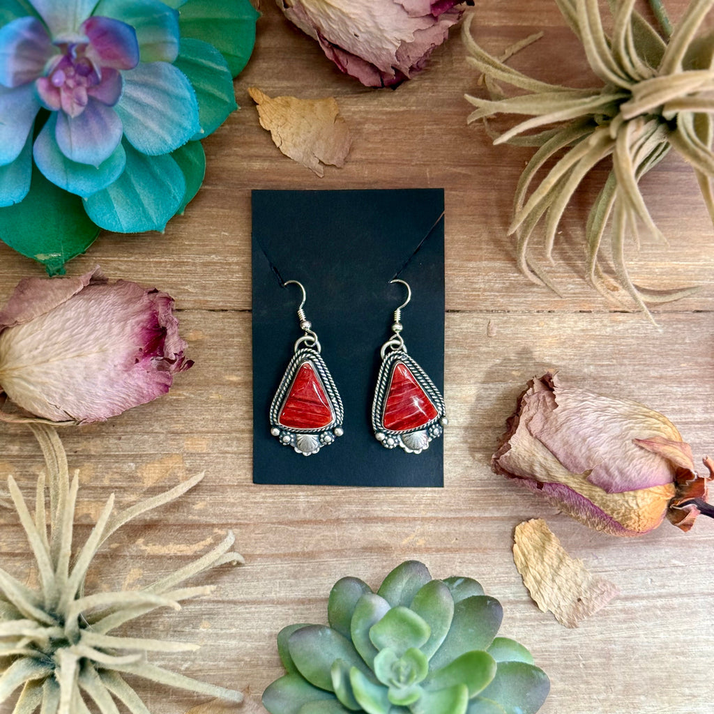 62 - Sterling Silver Red Spiny Oyster Dangle Earrings by Shay Pfeiffer
