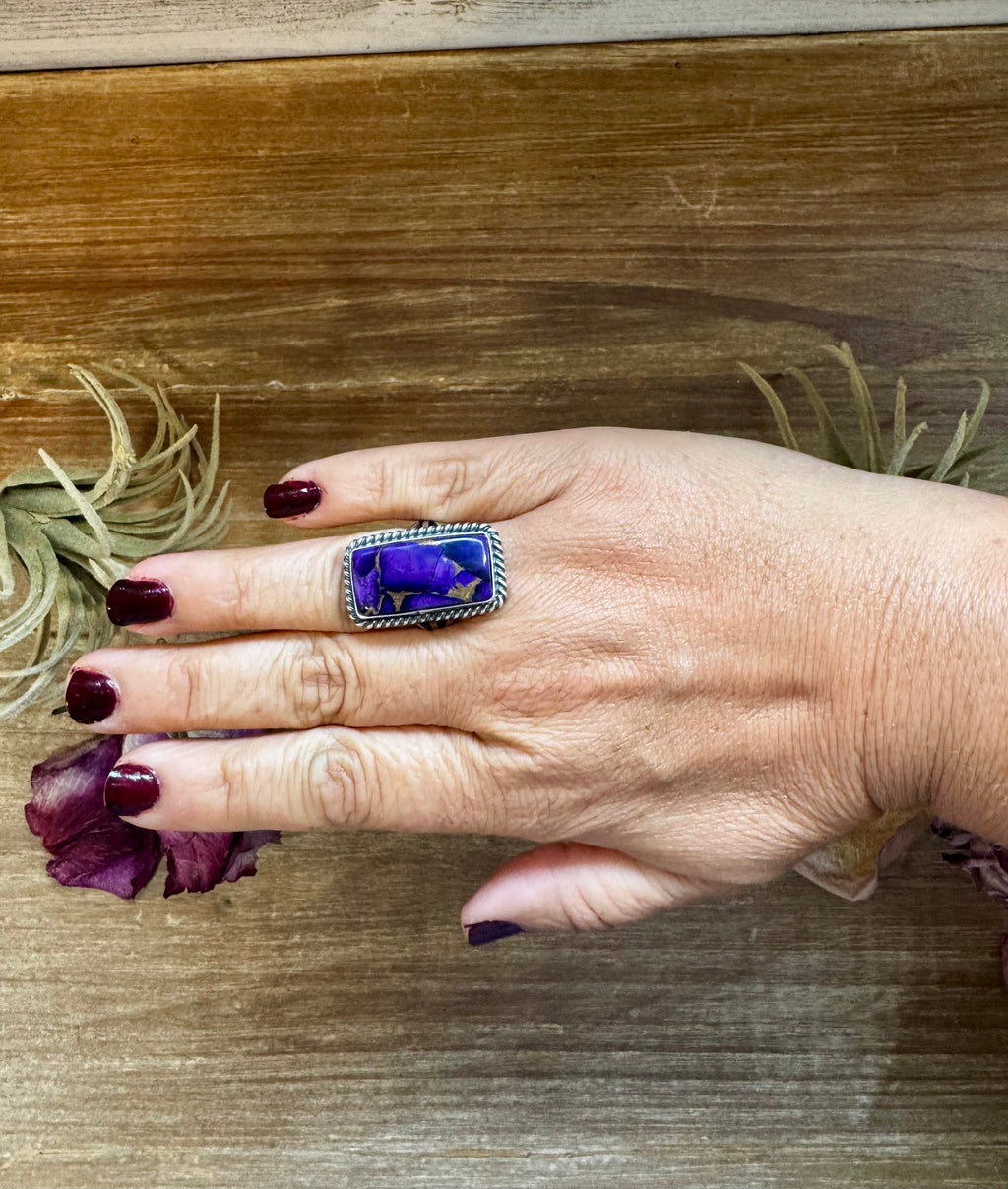 Purple Dahlia Ring – Sterling Silver – Native Made by M. Spencer – Size 8