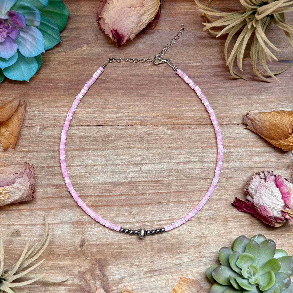 Pink Shell Heishi Necklace  – 14"