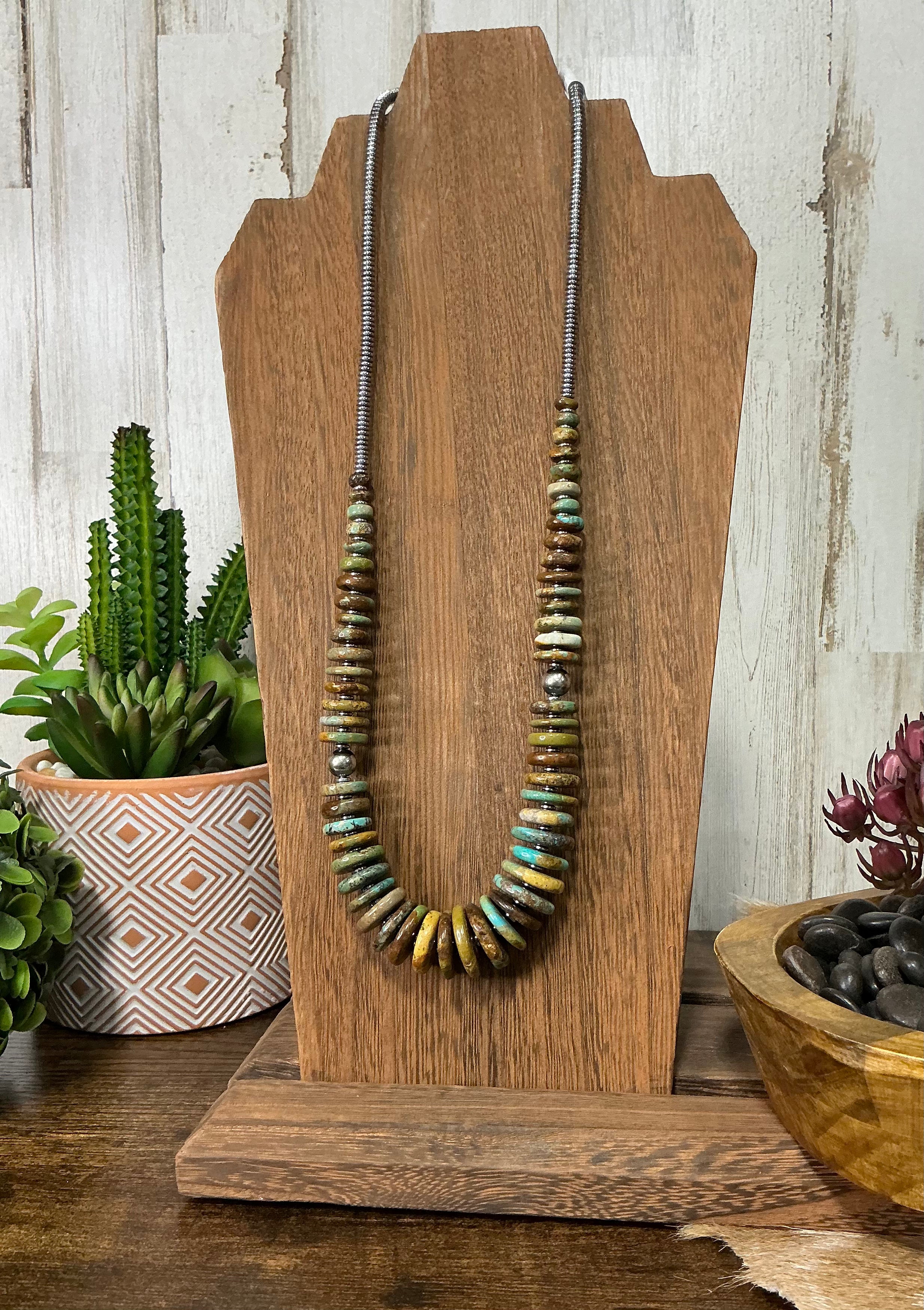 Green Turquoise Graduated Necklace with Sterling Silver Pearls & Hematite 23"