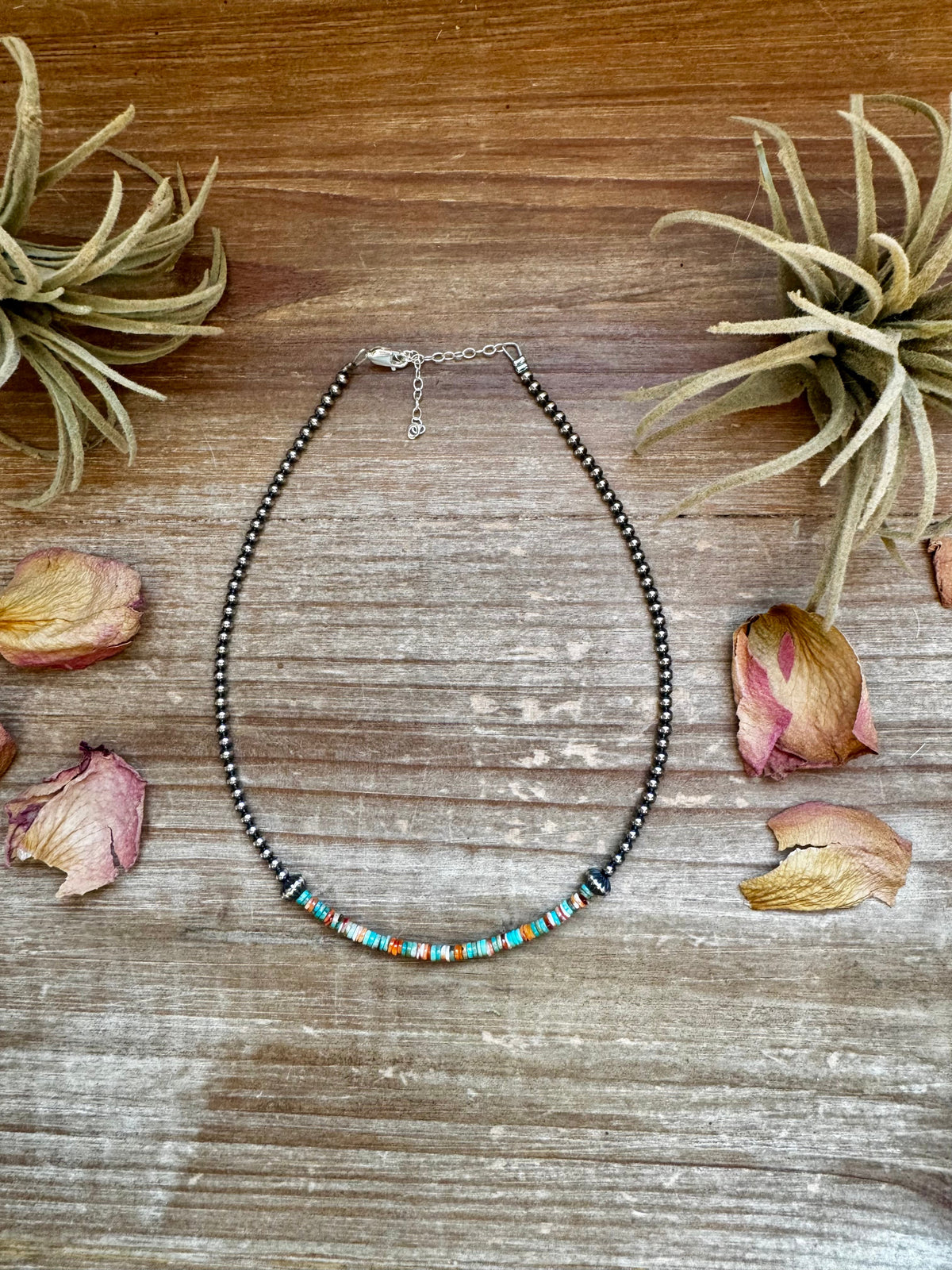Sterling Silver Pearl Choker with Turquoise & Spiny Oyster Heishi