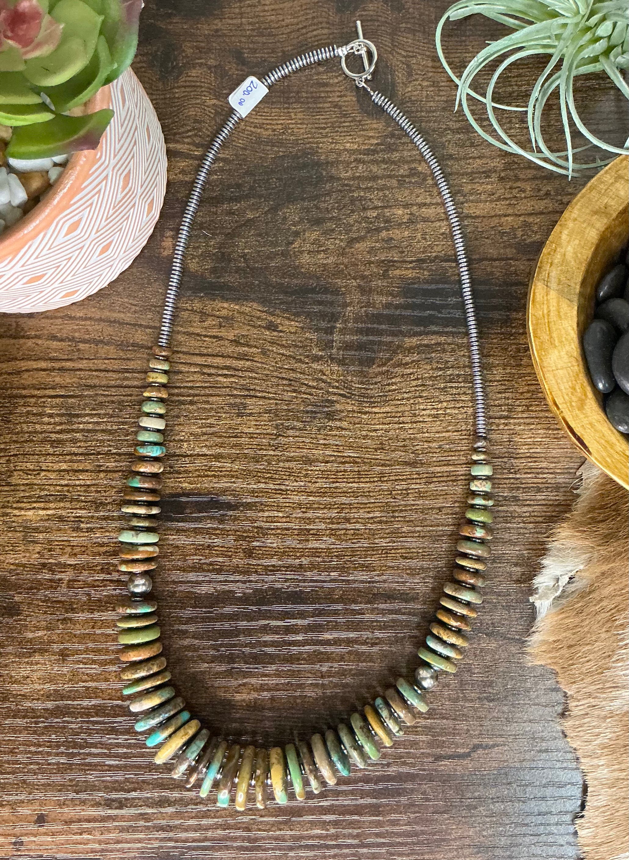 Green Turquoise Graduated Necklace with Sterling Silver Pearls & Hematite 23"