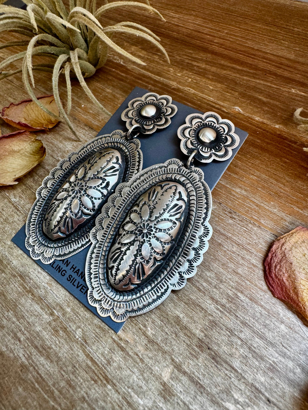 Leander Tahe Sterling Silver Earrings – Post & Dangle Statement with Stamped Detail