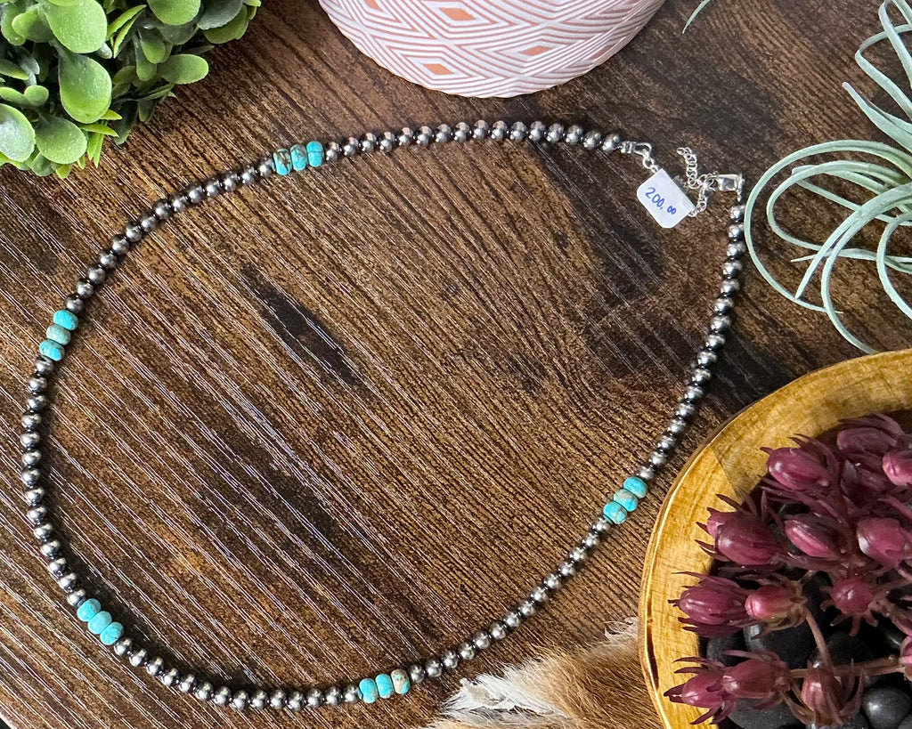 Sterling Silver Pearl Necklace with Turquoise 19 inches