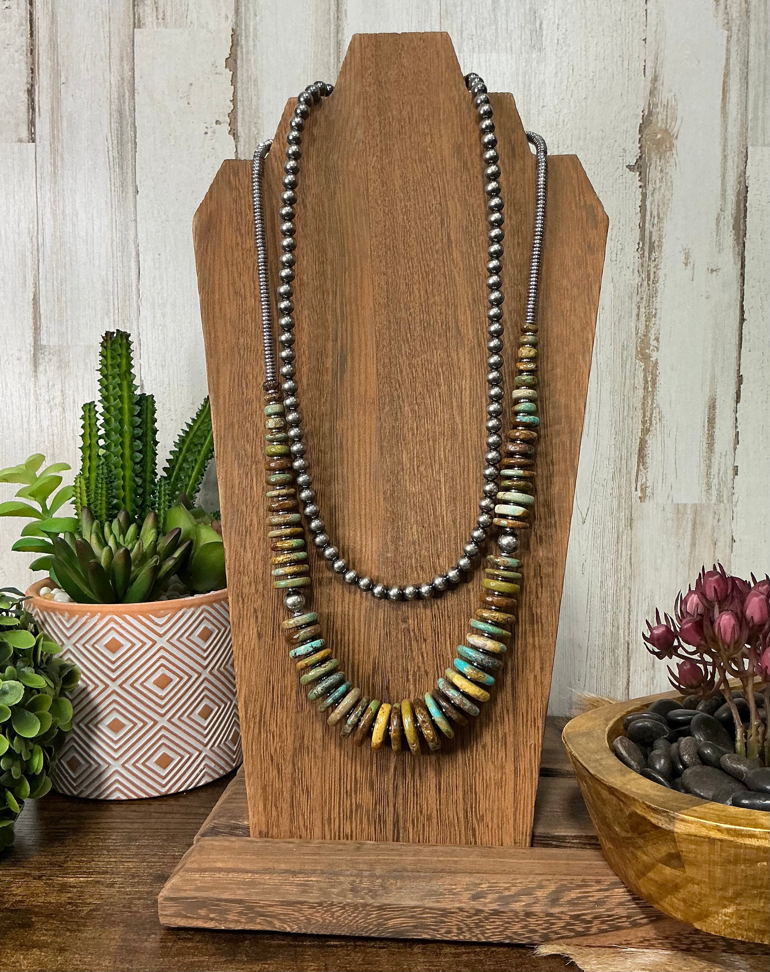 Green Turquoise Graduated Necklace with Sterling Silver Pearls & Hematite 23"