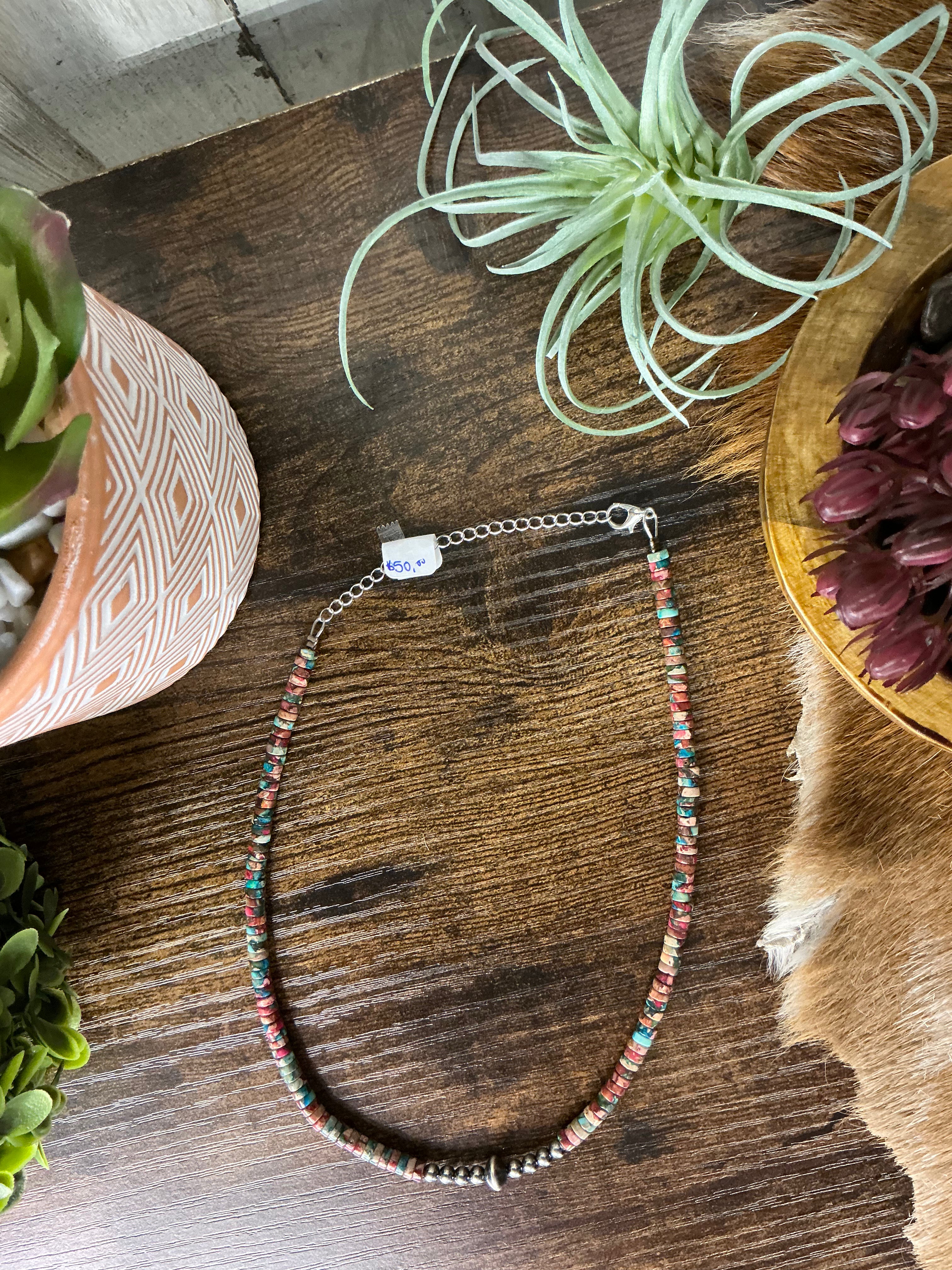 Sterling Silver Pearls Choker and Pink and Blue Sea Sediment Heishi