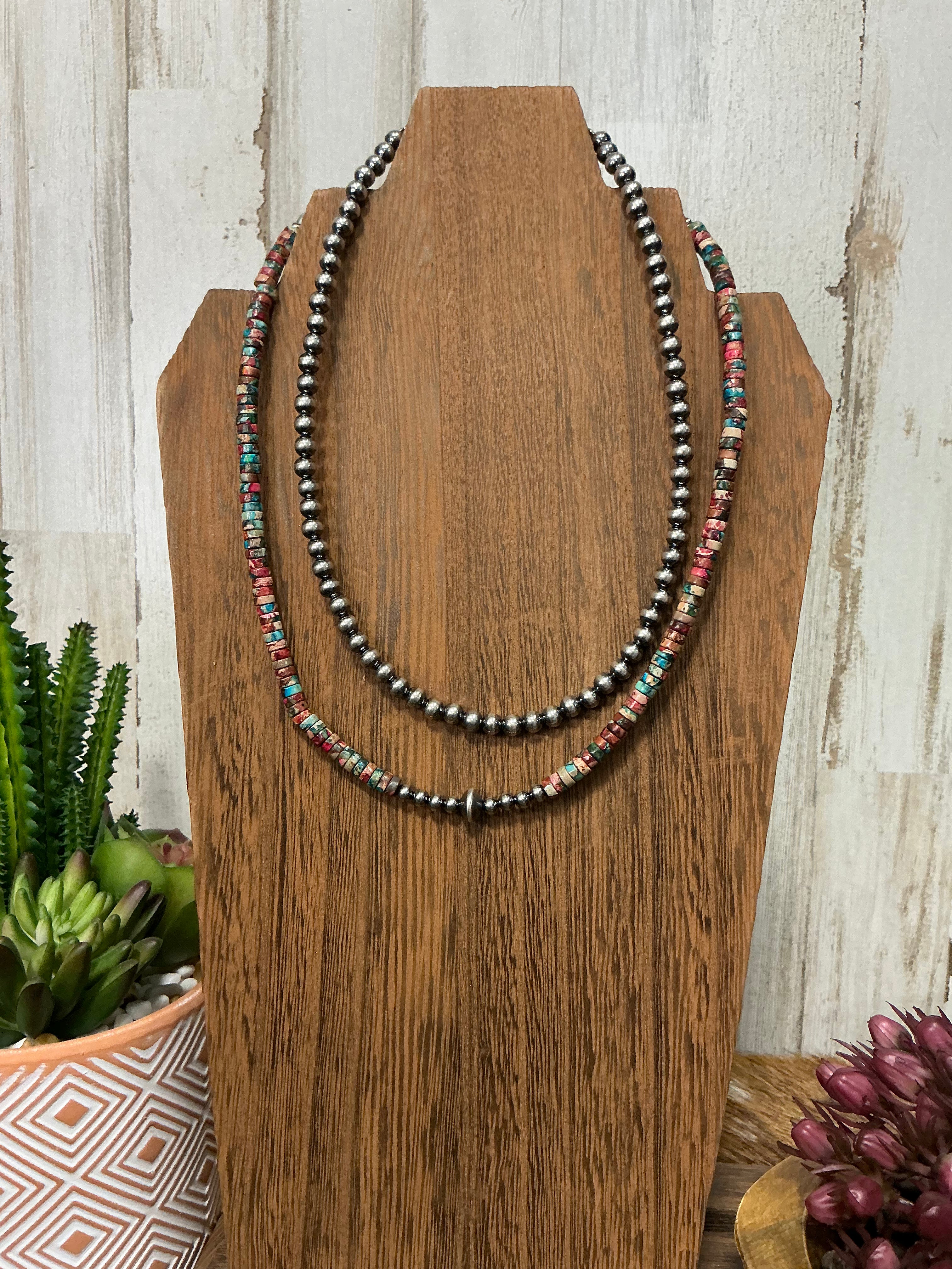 Sterling Silver Pearls Choker and Pink and Blue Sea Sediment Heishi