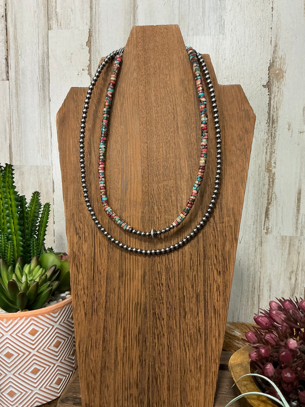 Sterling Silver Pearls Choker and Pink and Blue Sea Sediment Heishi
