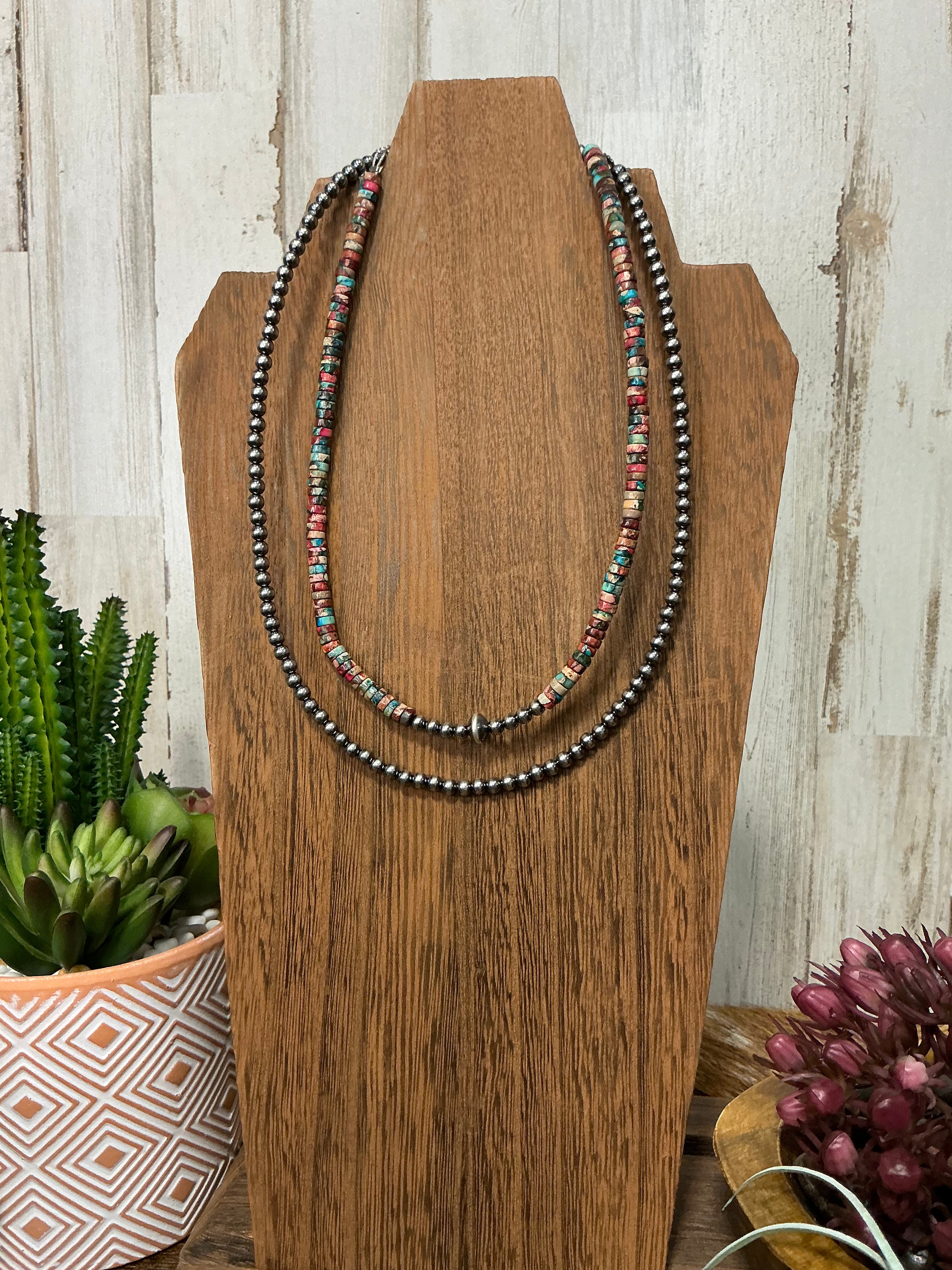 Sterling Silver Pearls Choker and Pink and Blue Sea Sediment Heishi