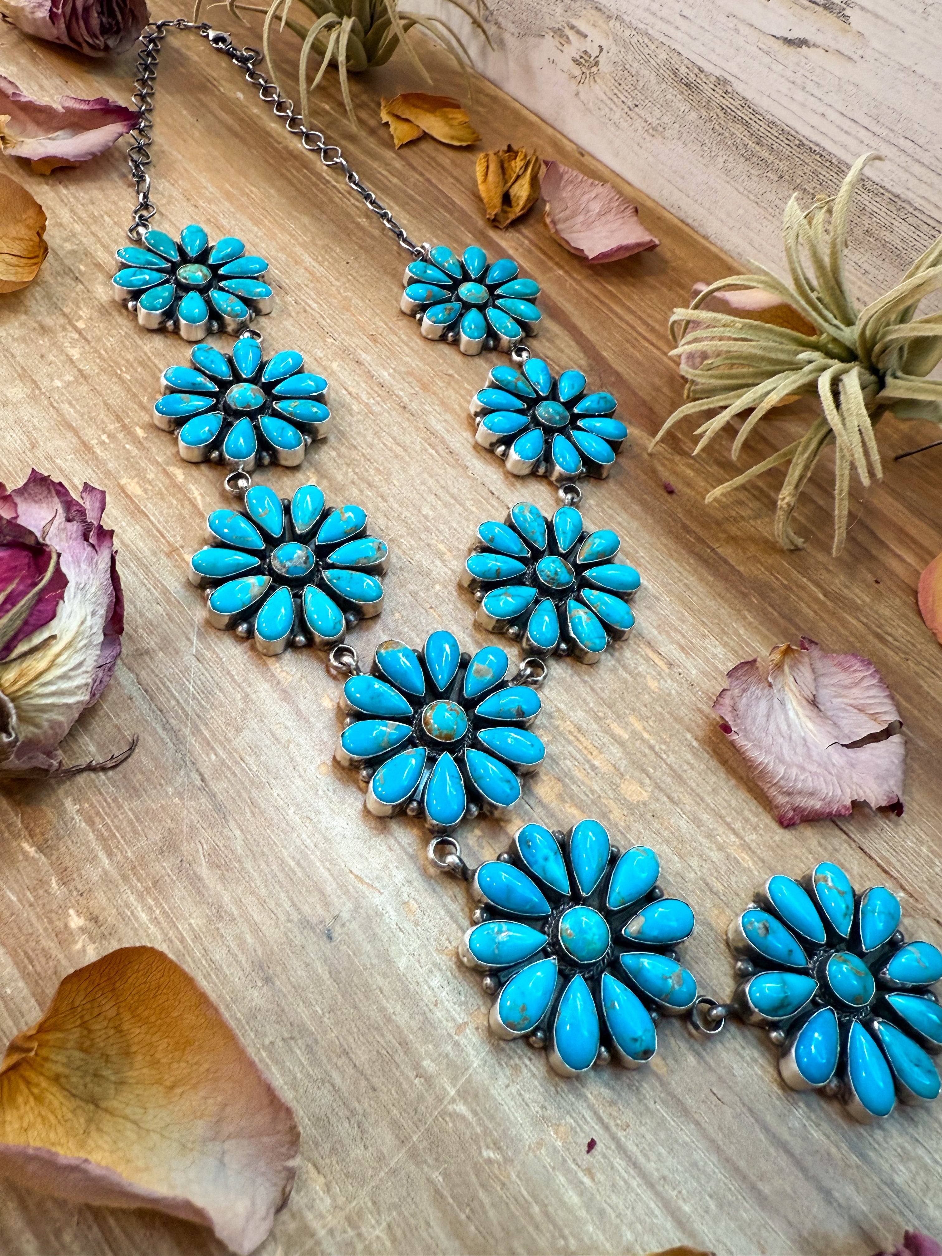 Sterling Silver Kingman Turquoise Flower Lariat Necklace – 25 Inch + 5½ Inch Drop – Native Made by A. Spencer – USA Made