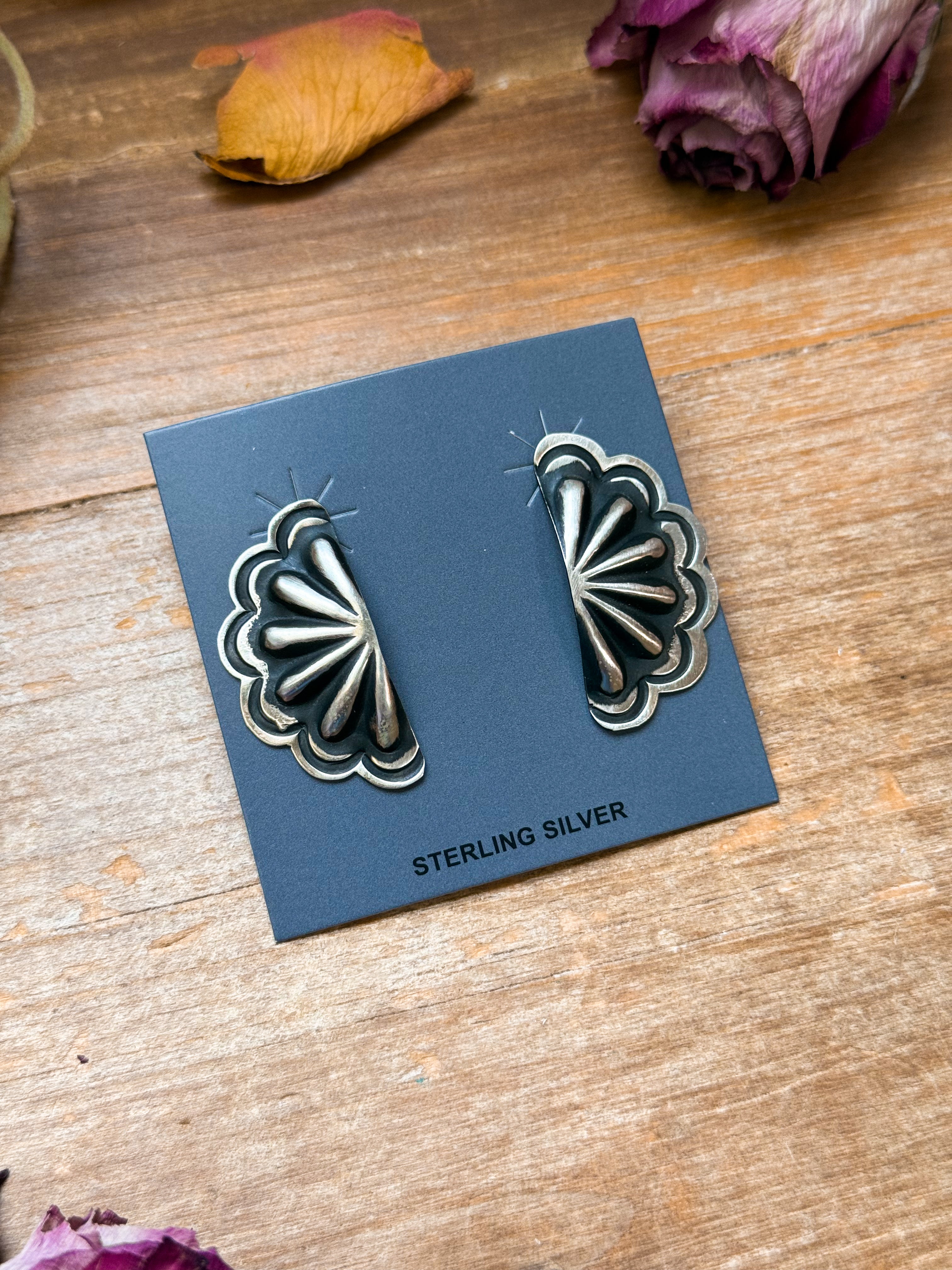 Sterling Silver Half Cluster Concho Earrings – Native Made by L. Tahe (Navajo Artist)