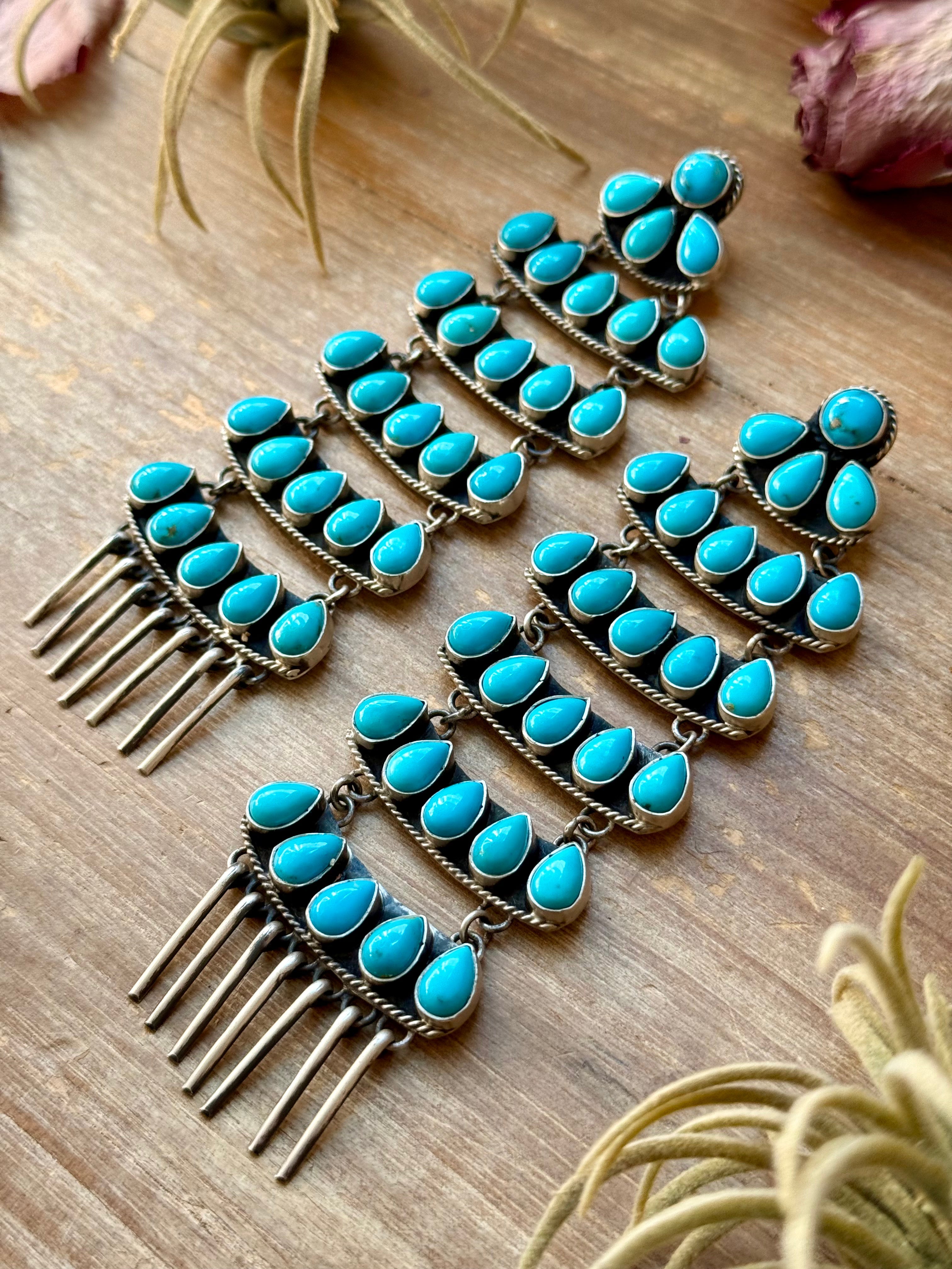 Sterling Silver Kingman Turquoise Dangle Earrings – 5 Inch Statement Design – Native Made by Geraldine James – Navajo Handmade